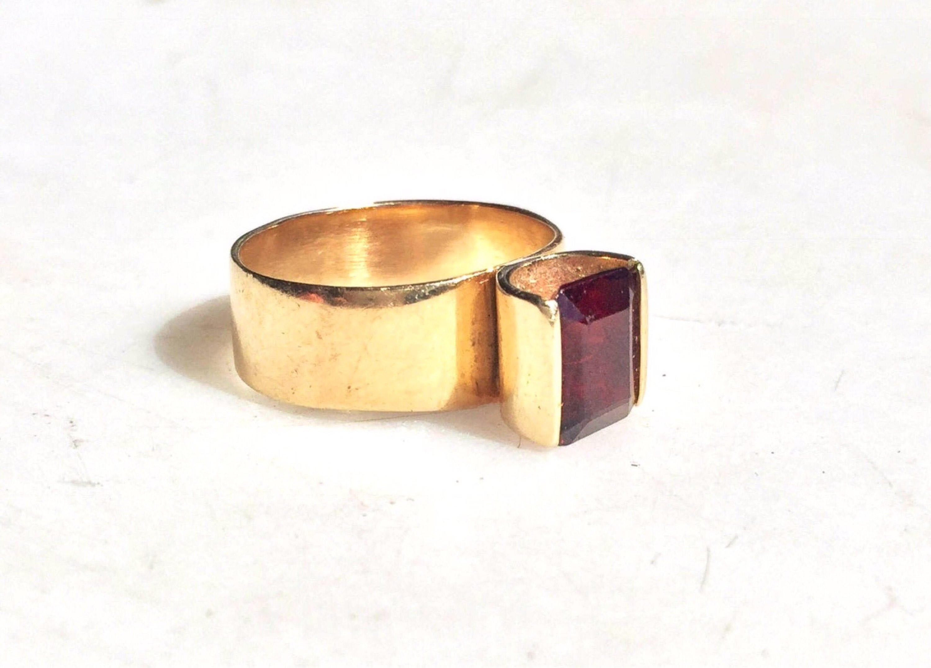 14K yellow gold ring with emerald cut garnet stone, vintage engagement or statement jewelry gift