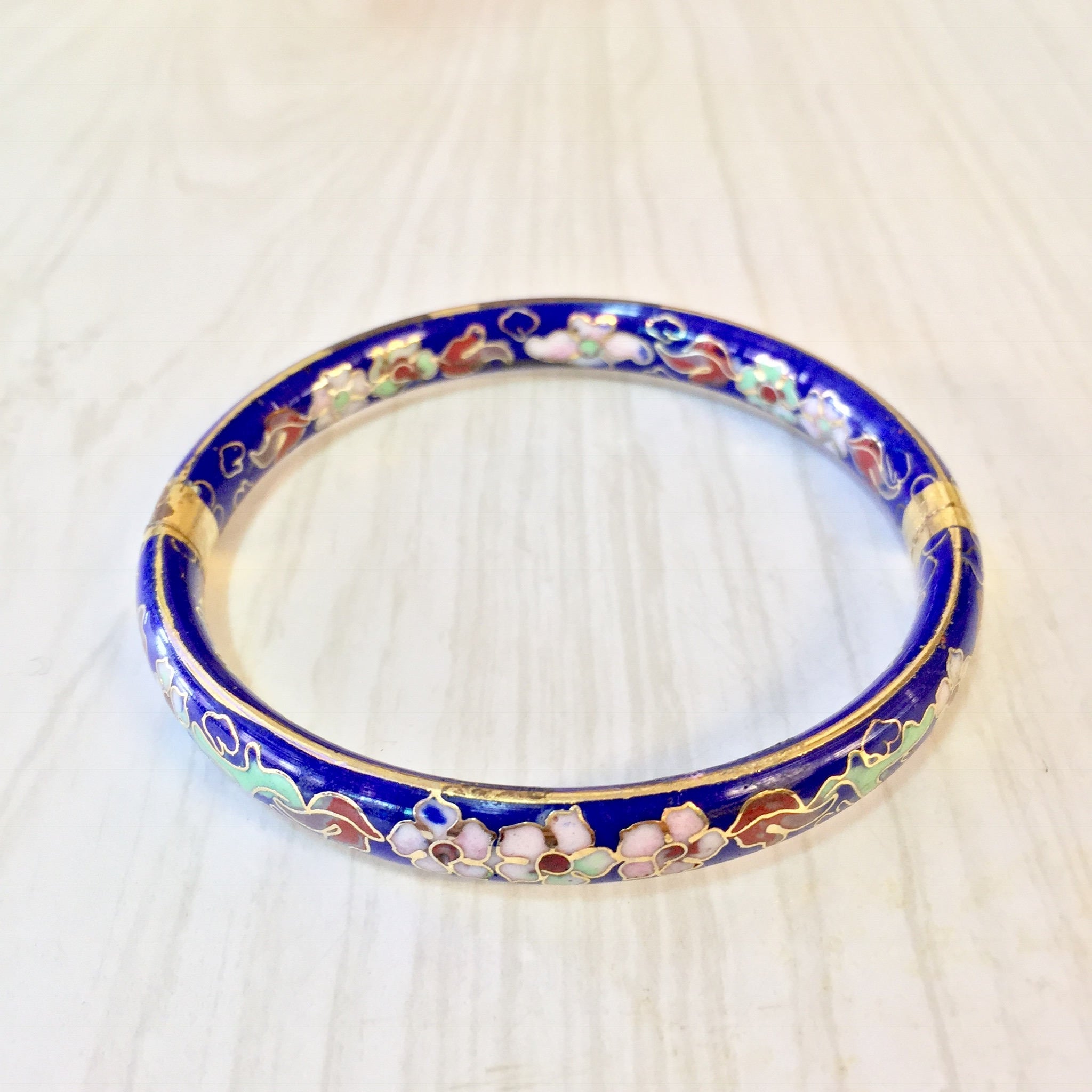Vintage Cloisonne Bangle Bracelet | Cloisonne | Enamel Bracelet | Blue | Floral Jewelry | Vintage Bangle | 1980s Jewelry | Gift Idea