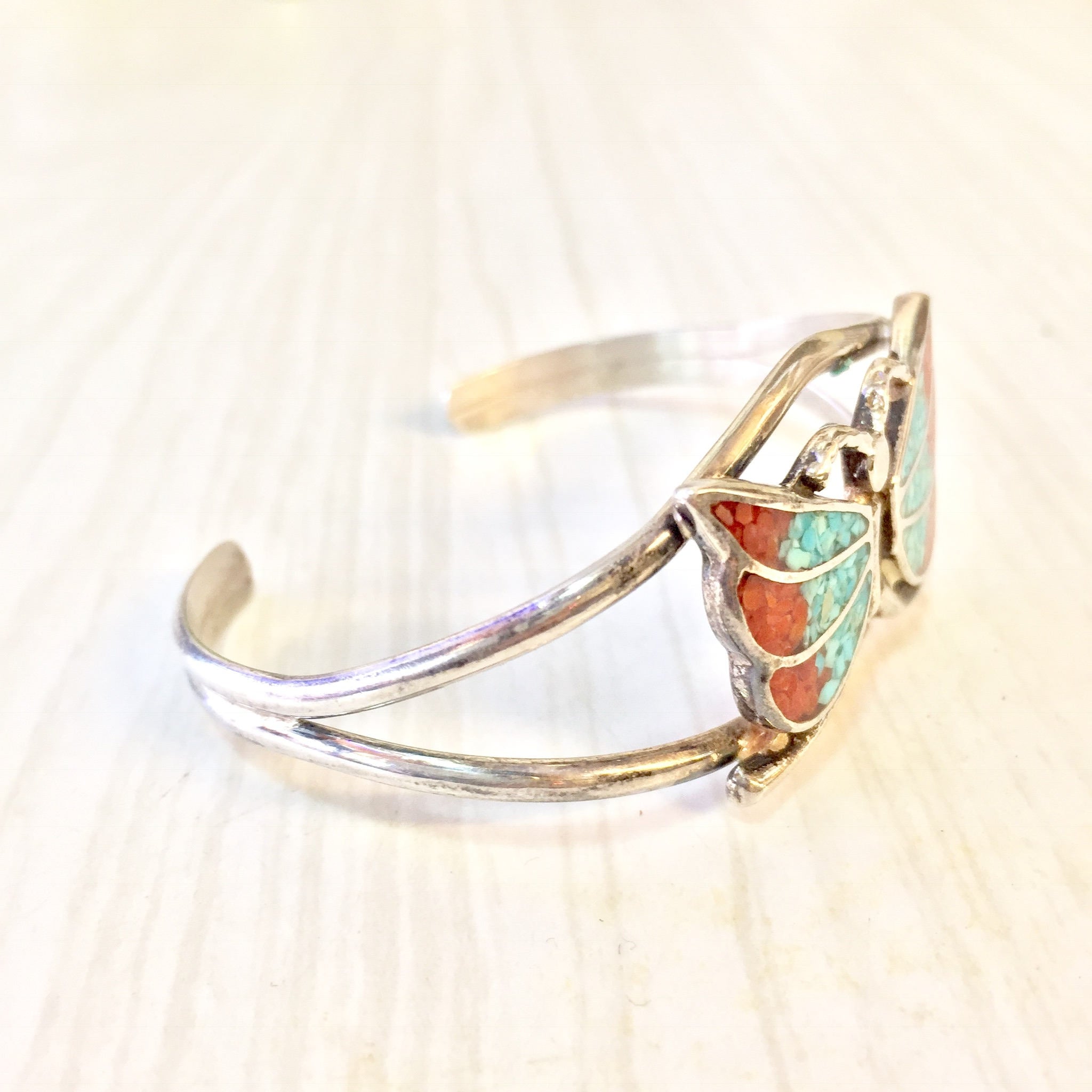 Sterling Silver Butterfly Cuff Bracelet with Inlaid Turquoise and Coral | Vintage Silver Bracelet | Butterfly Jewelry | Inlaid Stones | Gift