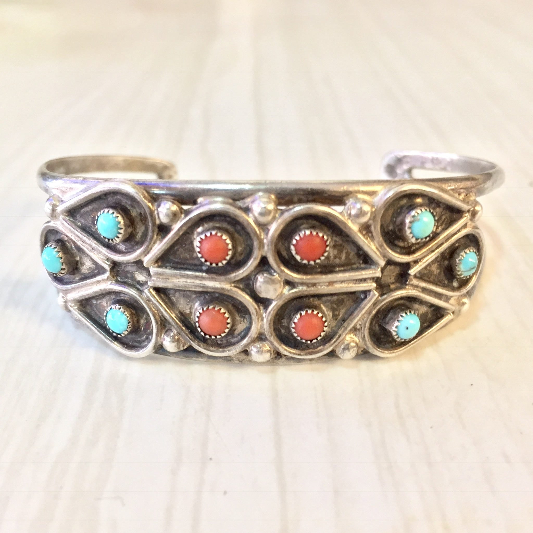 Vintage Navajo Sterling Silver Cuff Bracelet with Turquoise and Coral Stones | Vintage Silver Bracelet | Cuff Bracelet | Gift for Her |