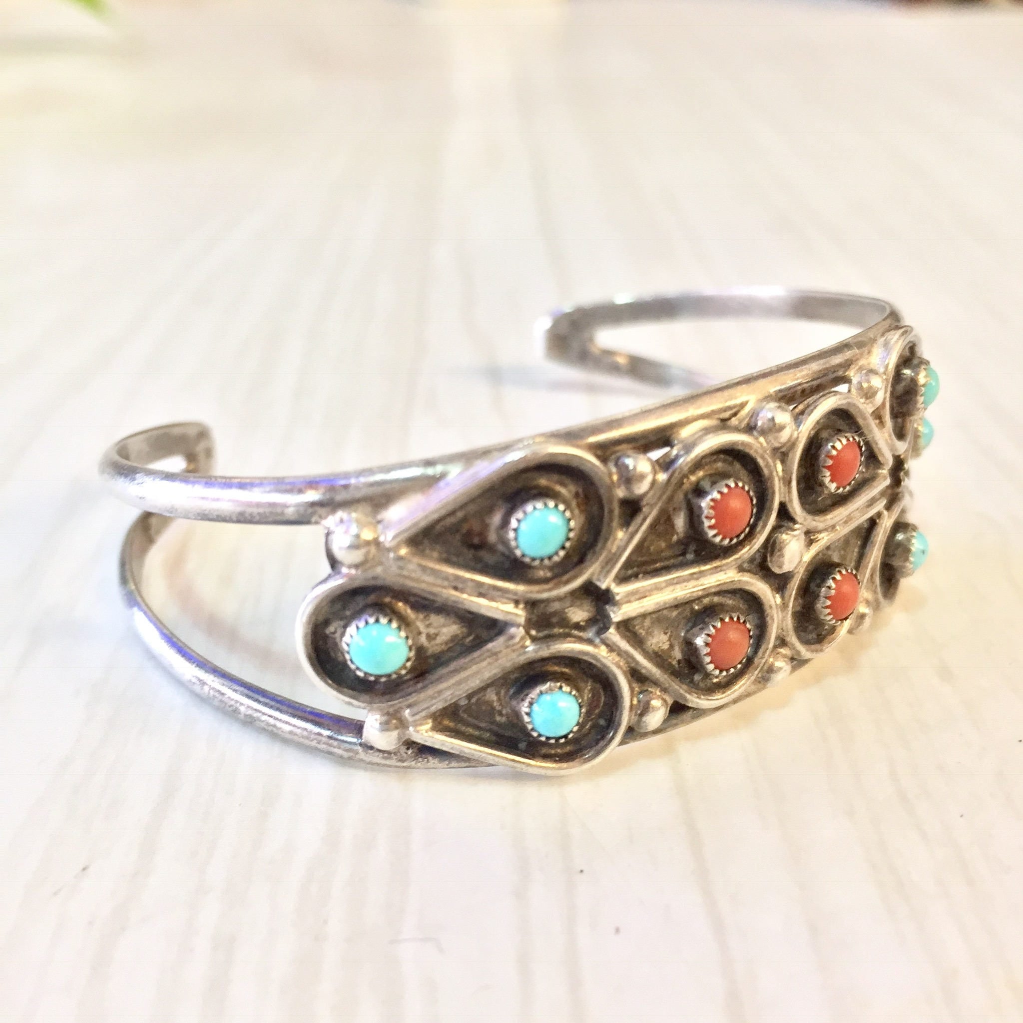 Vintage Navajo Sterling Silver Cuff Bracelet with Turquoise and Coral Stones | Vintage Silver Bracelet | Cuff Bracelet | Gift for Her |