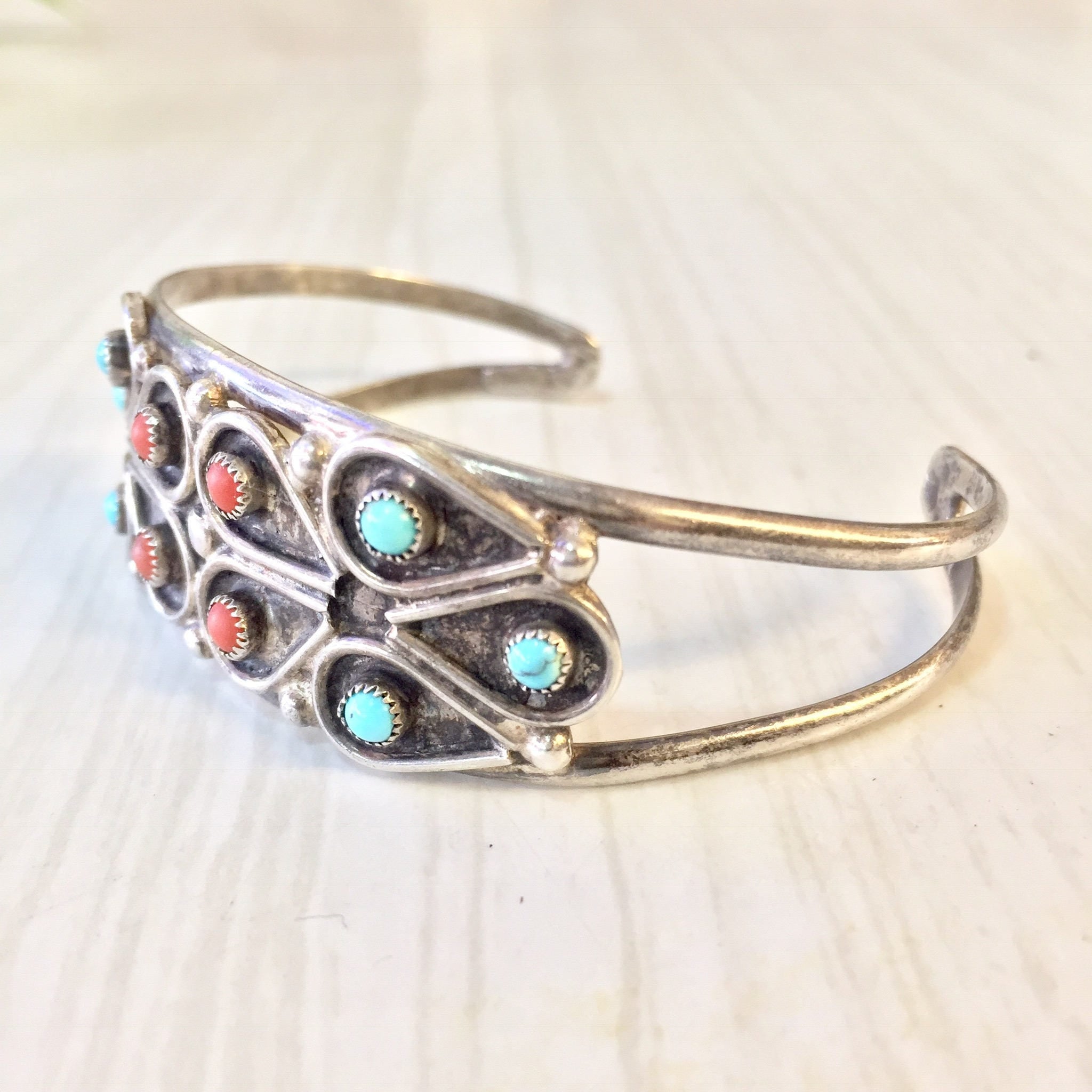 Vintage Navajo Sterling Silver Cuff Bracelet with Turquoise and Coral Stones | Vintage Silver Bracelet | Cuff Bracelet | Gift for Her |