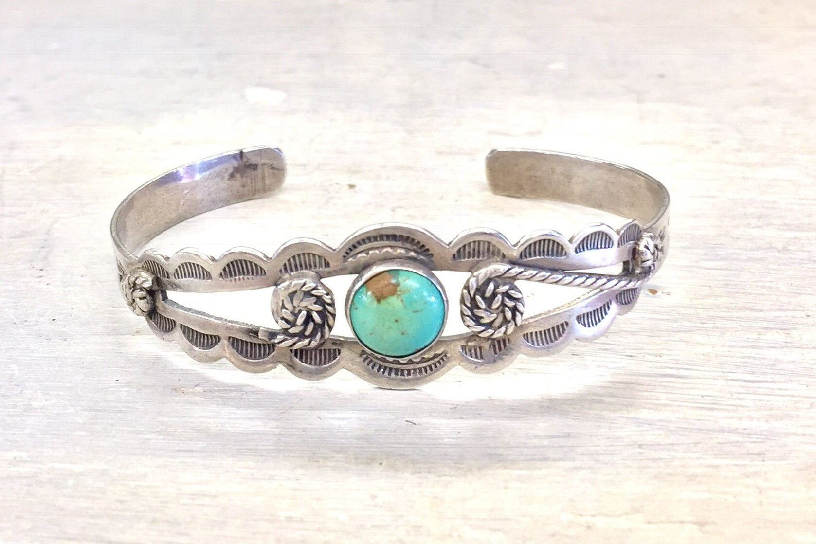 Southwestern Style Turquoise Cuff Bracelet | Stamped Silver | Vintage Sterling Silver Jewelry | Holiday Gift Idea | Boho Style | Bohemian