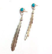 Vintage Silver Feather Earrings | Boho Feather Jewlery | Turquoise Stone Earrings | Southwestern Silver | Vintage Dangle Earrings