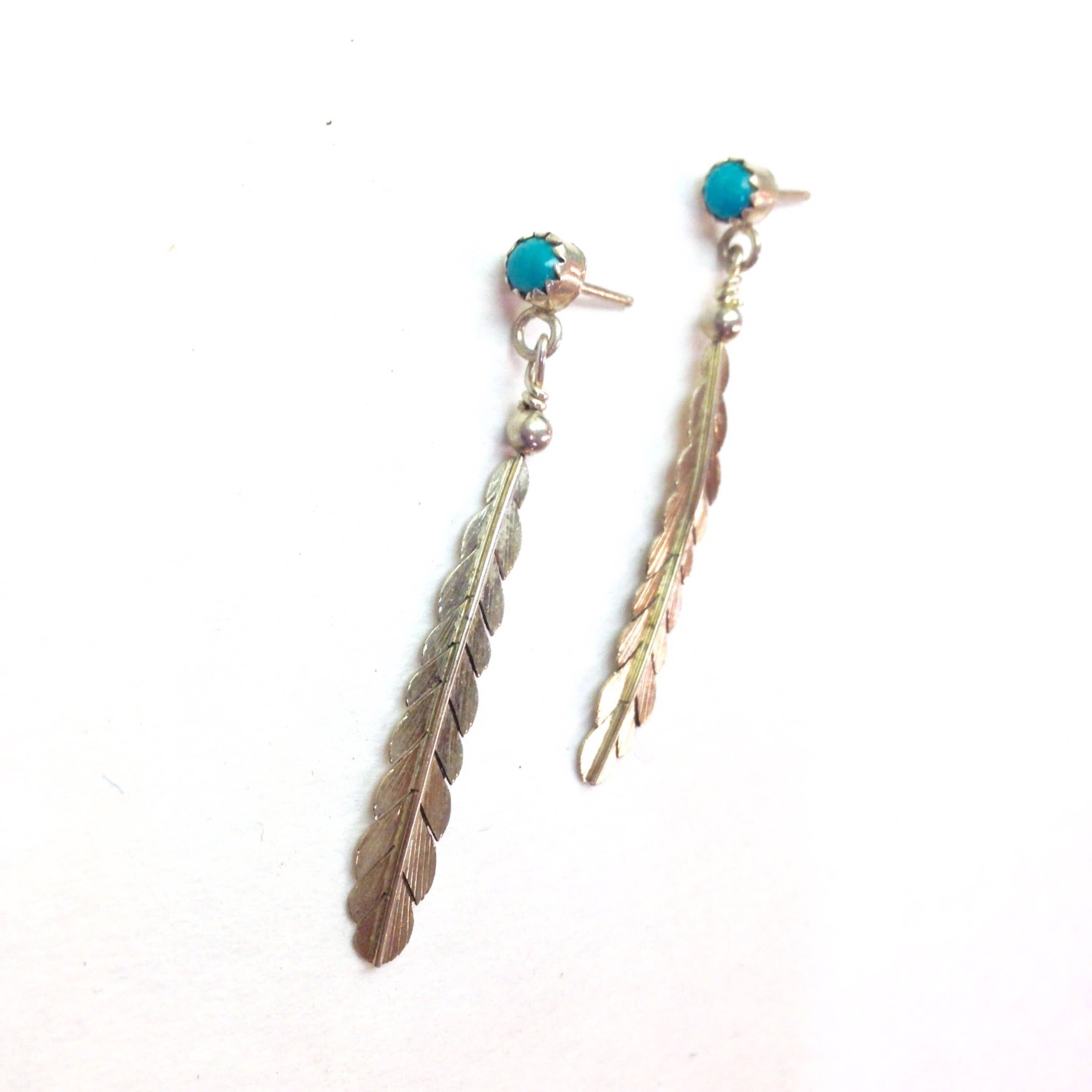 Vintage Silver Feather Earrings | Boho Feather Jewlery | Turquoise Stone Earrings | Southwestern Silver | Vintage Dangle Earrings