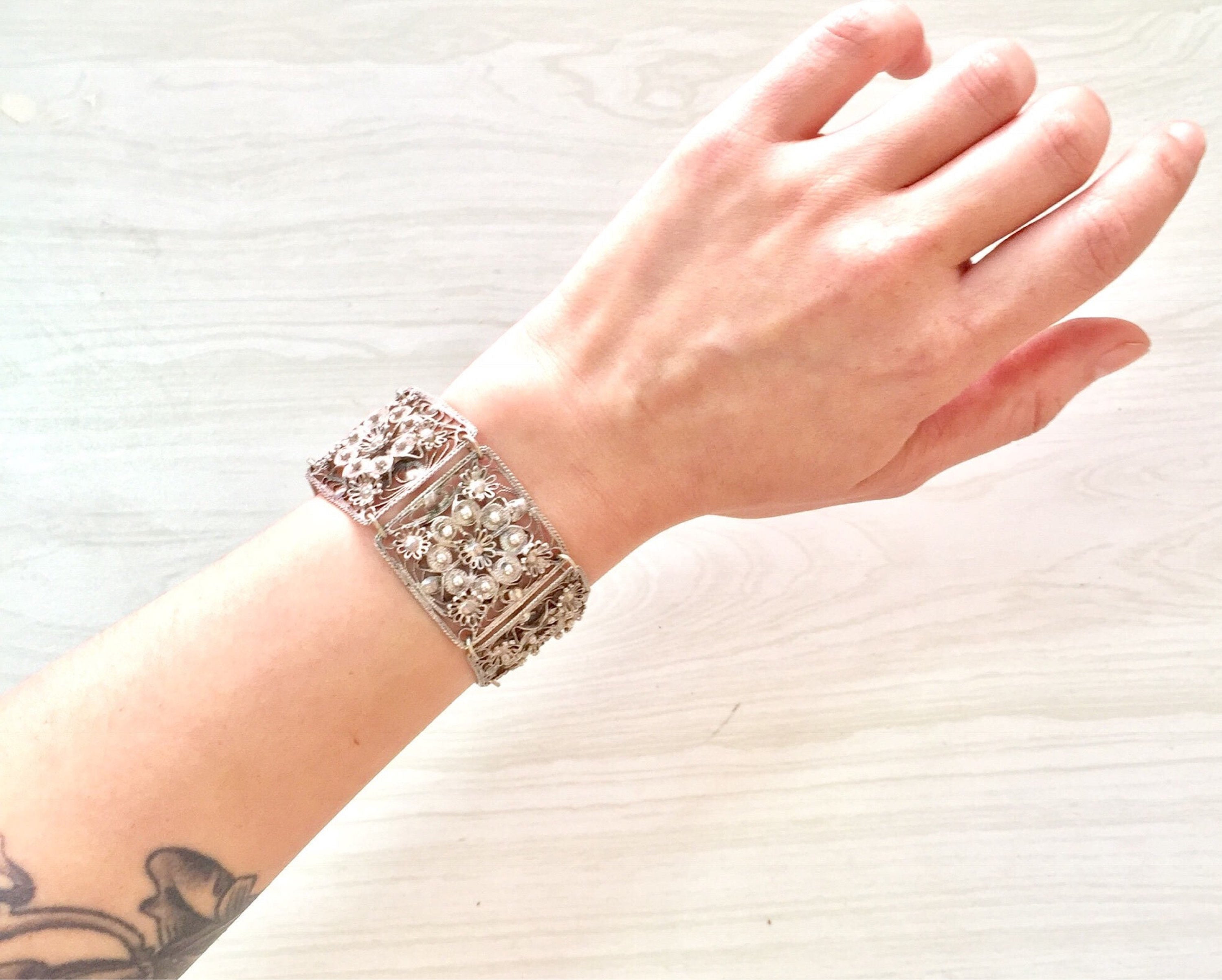 Vintage Sterling Silver Filagree Link Bracelet | Silver Jewelry | Floral Filagree | Flowers | Sterling Silver | 925 | Gift for Her | Holiday