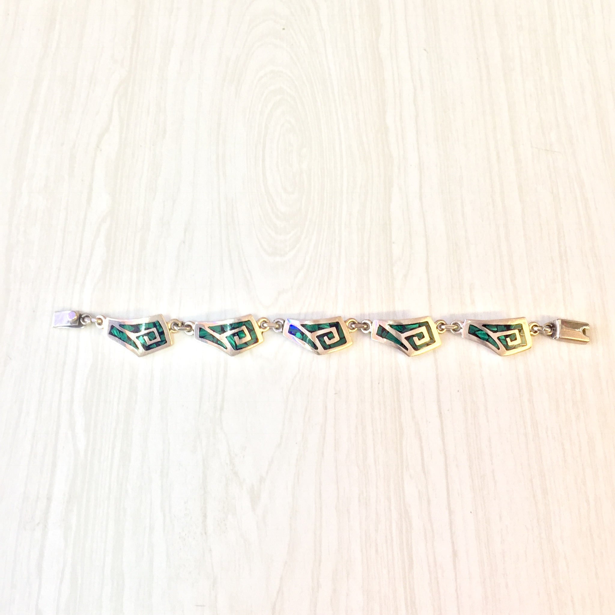 Vintage Sterling Silver Link Bracelet with Green Malachite Stones | Green Bracelet | Inlaid Malachite Gemstone | Vintage Jewelry | Gift