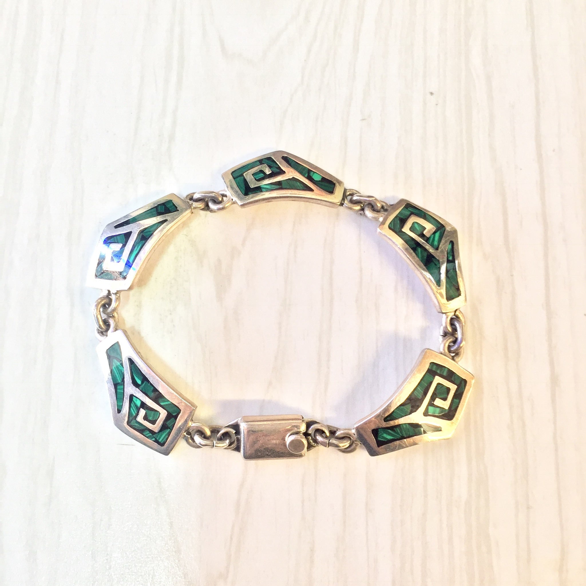 Vintage Sterling Silver Link Bracelet with Green Malachite Stones | Green Bracelet | Inlaid Malachite Gemstone | Vintage Jewelry | Gift