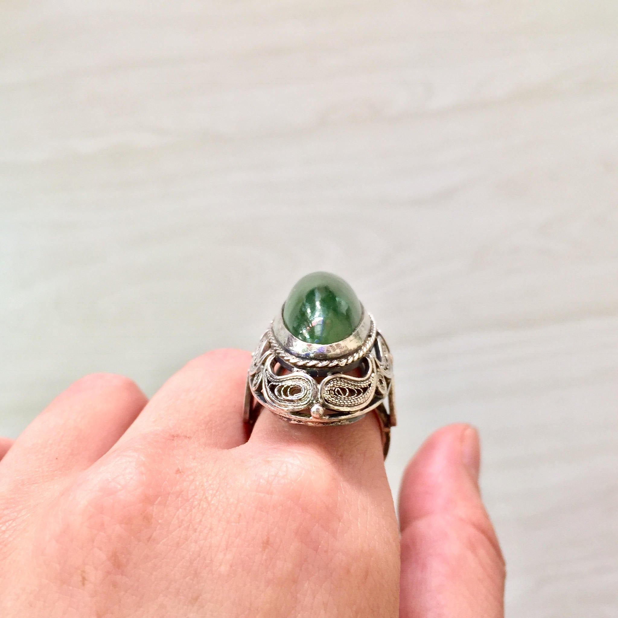 Sterling Silver Ring Jade | Jade cabochon | Jade Jewelry | Filagree | Vintage Ring | Jewelry | Gift for Her | Statement Ring