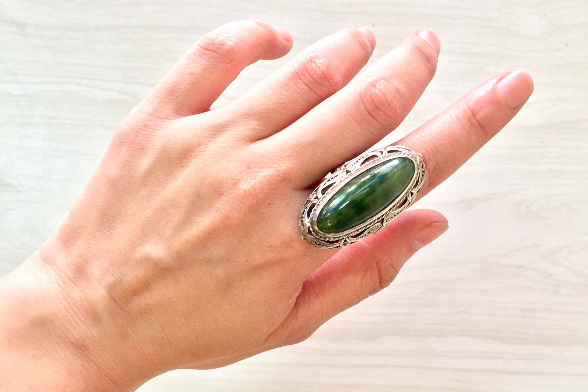 Sterling Silver Ring Jade | Jade cabochon | Jade Jewelry | Filagree | Vintage Ring | Jewelry | Gift for Her | Statement Ring