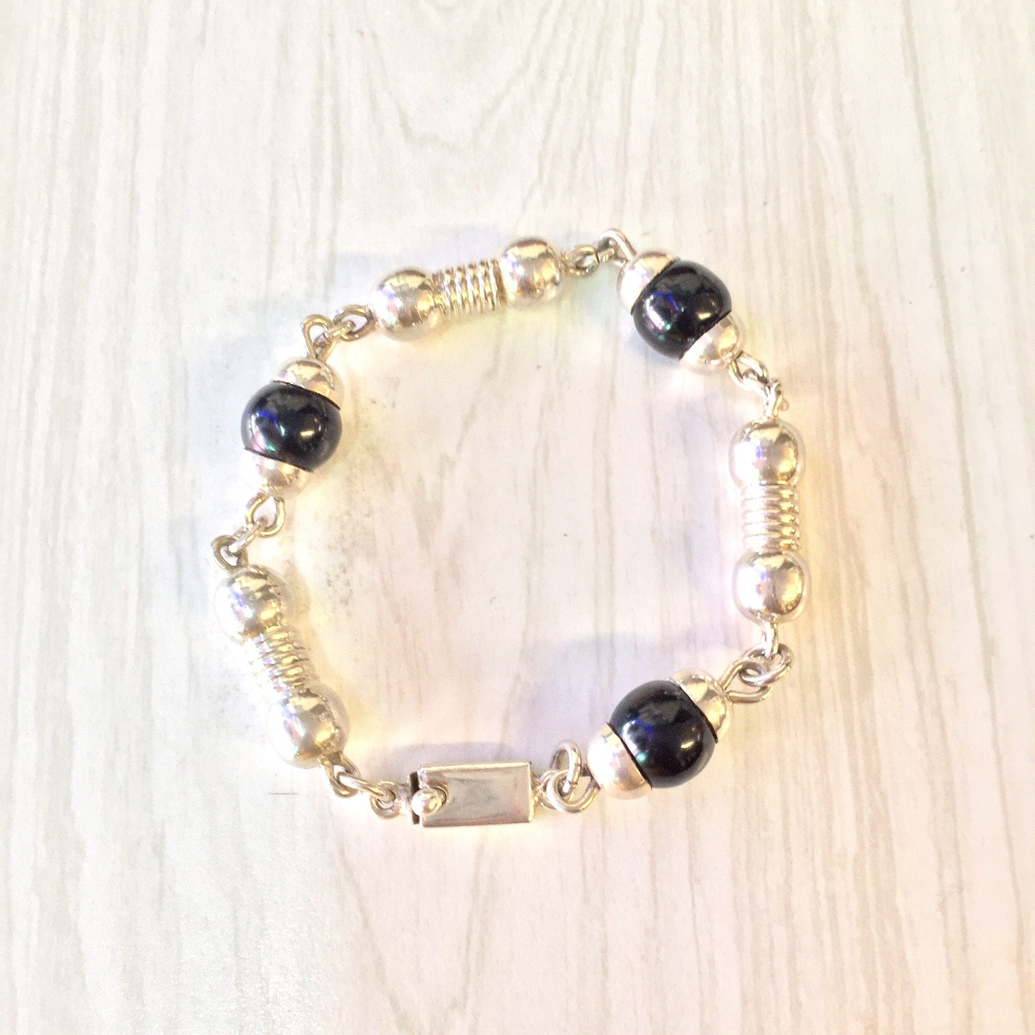 Vintage Sterling Silver and Black Onyx Bracelet | Black Onyx Beads | 925 Jewelry | Gift for Dad | Holiday Gift Idea | Vintage Silver Jewelry