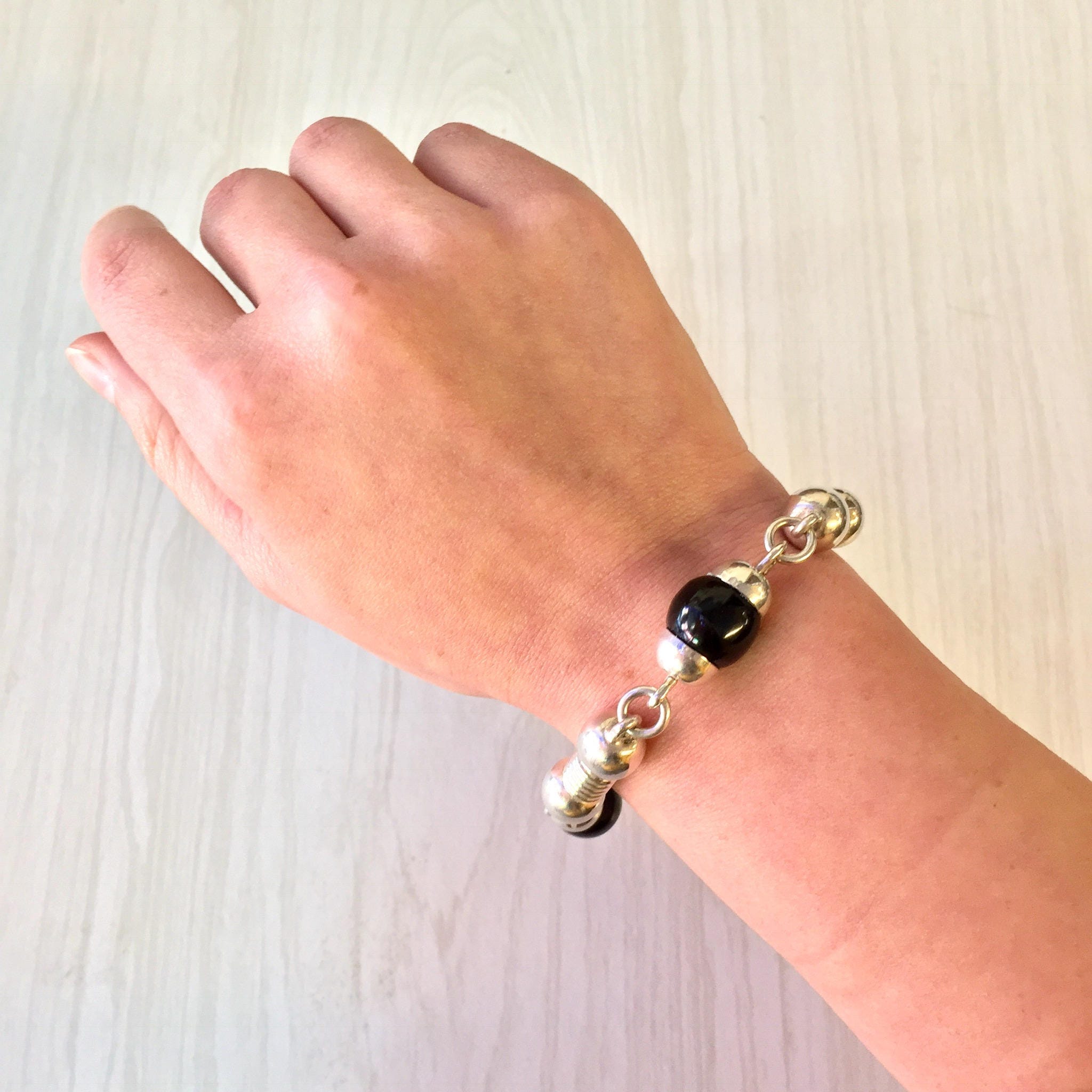 Vintage Sterling Silver and Black Onyx Bracelet | Black Onyx Beads | 925 Jewelry | Gift for Dad | Holiday Gift Idea | Vintage Silver Jewelry