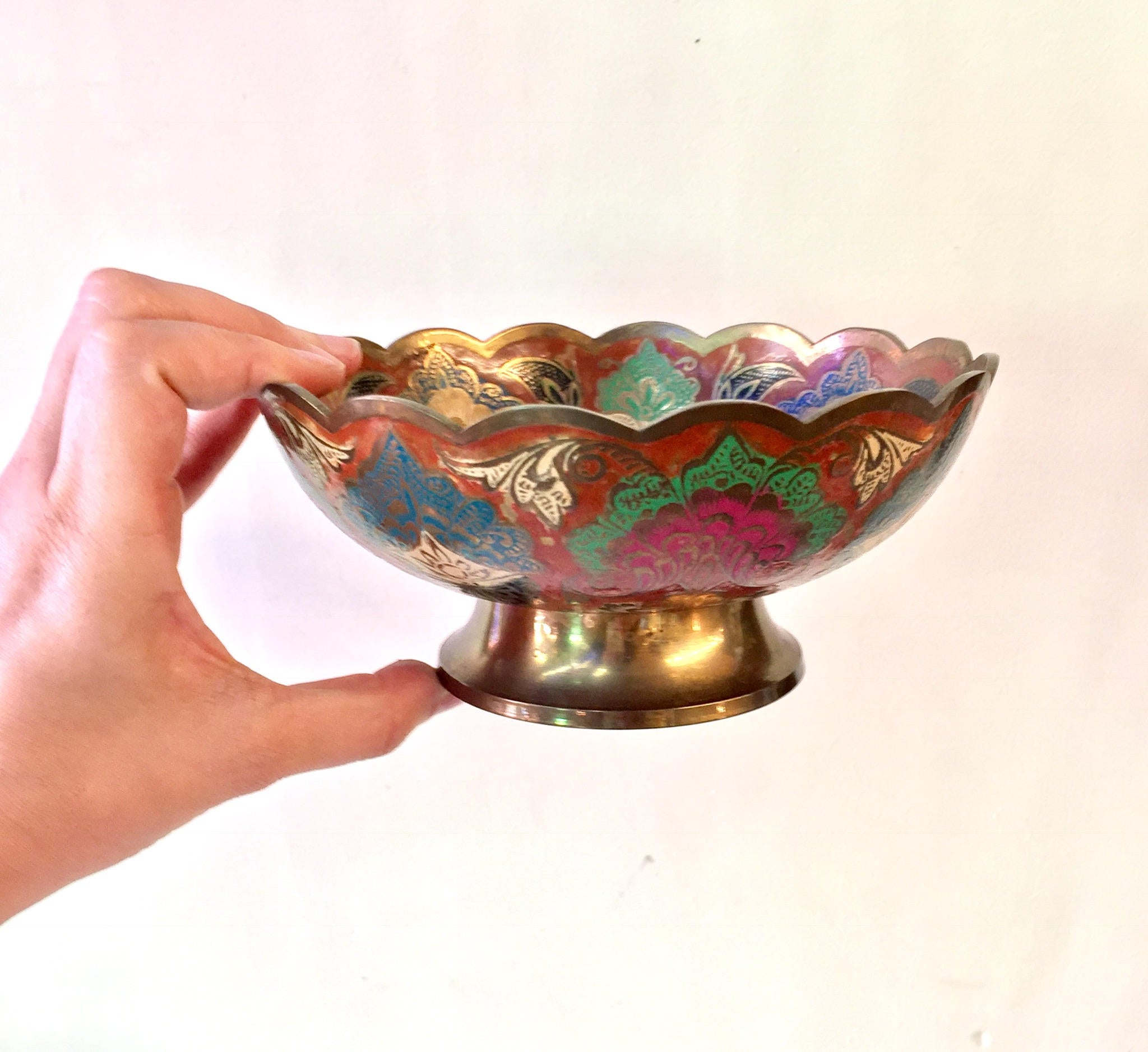 Indian Brass Enamel Bowl | Pedestal Bowl | Made in India | Enameled Bowl | Home Decor | Housewarming Gift | Boho Decor | Decorative Bowl