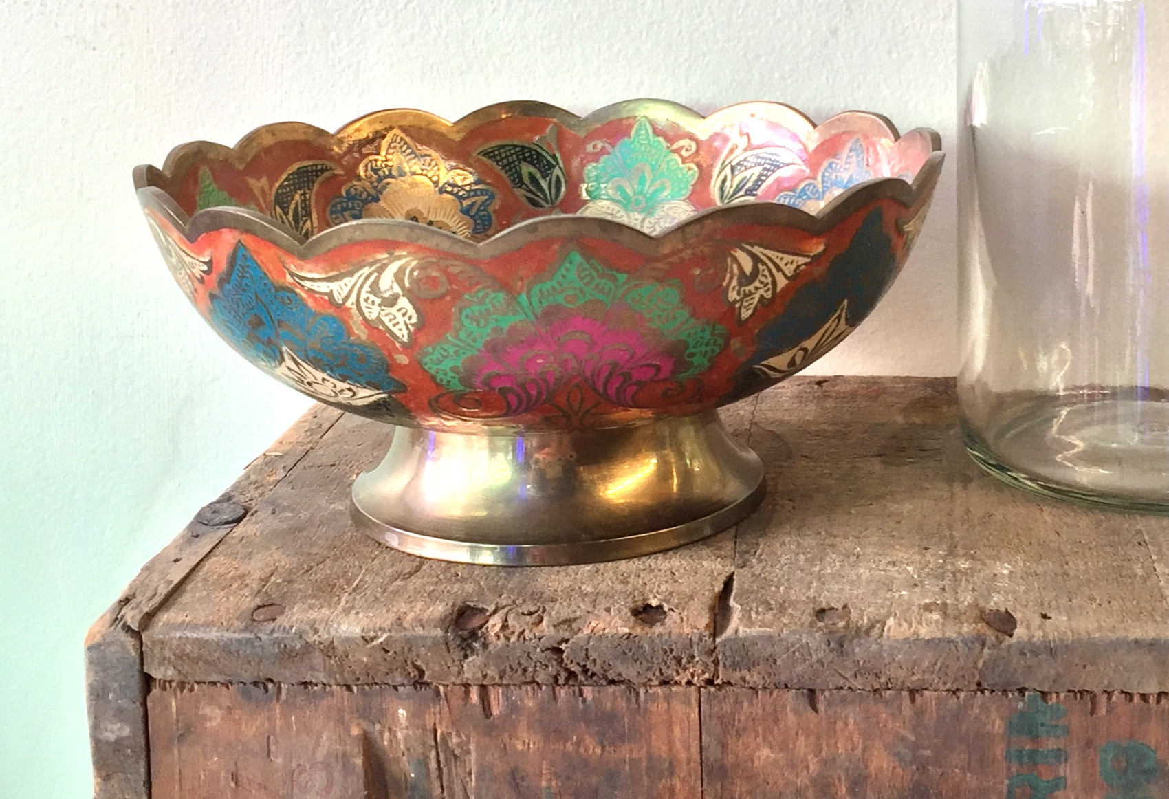 Indian Brass Enamel Bowl | Pedestal Bowl | Made in India | Enameled Bowl | Home Decor | Housewarming Gift | Boho Decor | Decorative Bowl