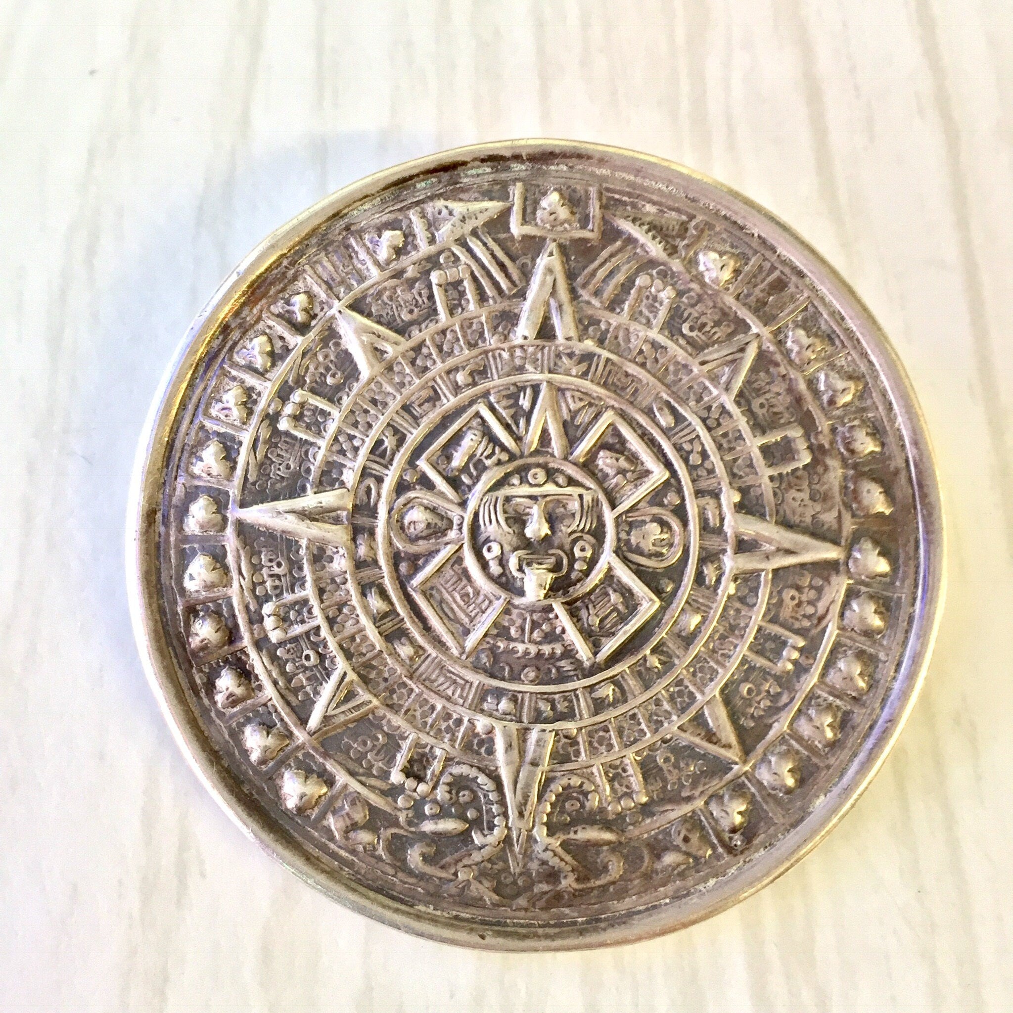 Vintage Sterling Silver Mayan Aztec Sun Calendar Pendant / Brooch | Sundial Pendant Brooch Necklace | Vintage Jewelry | Holiday Gift Idea