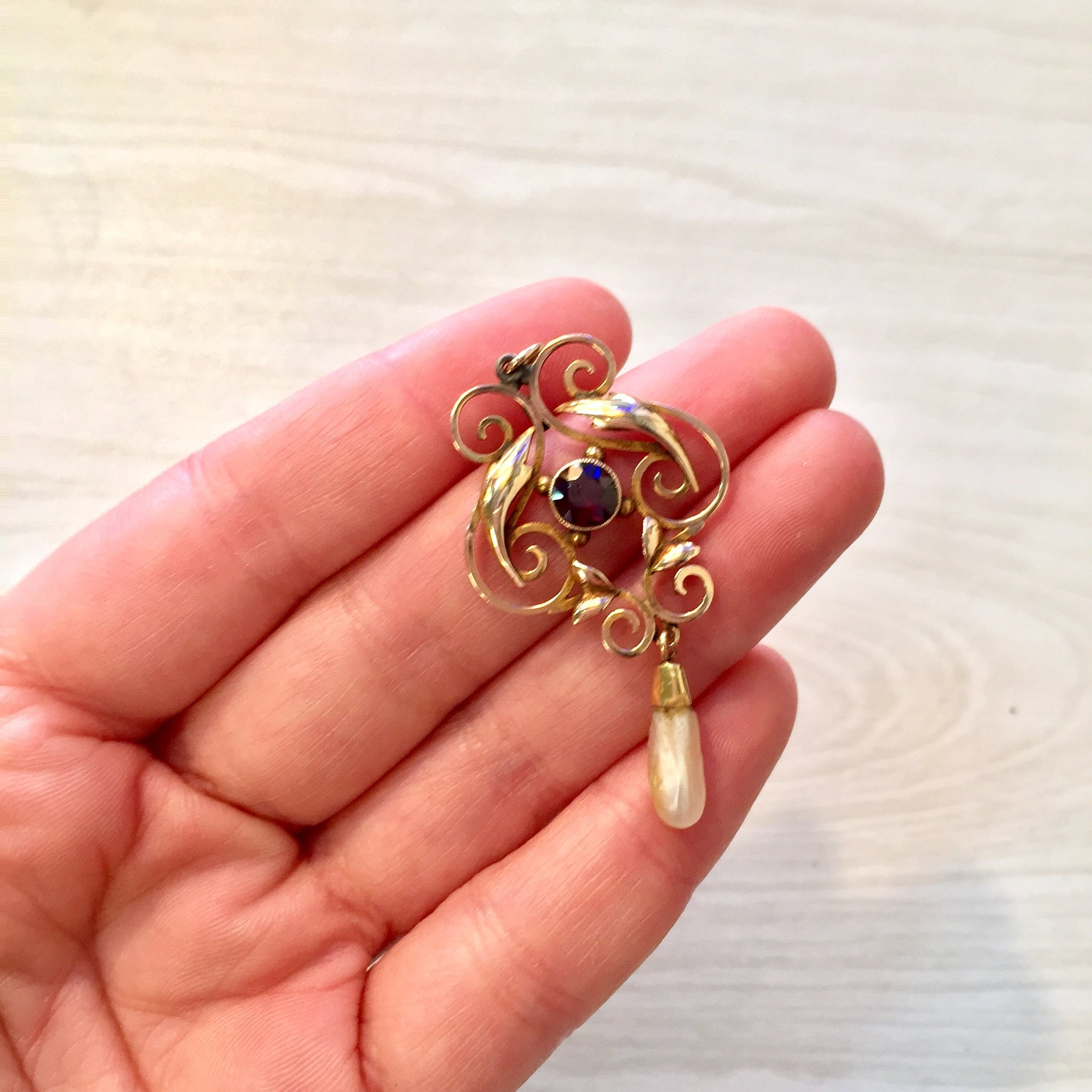 10 Karat Gold Antique Pendant with Fresh Water Pearl and Amethyst | 10K Gold Pendant | Antique Jewelry | Fresh Water Pearl | Purple Stone |