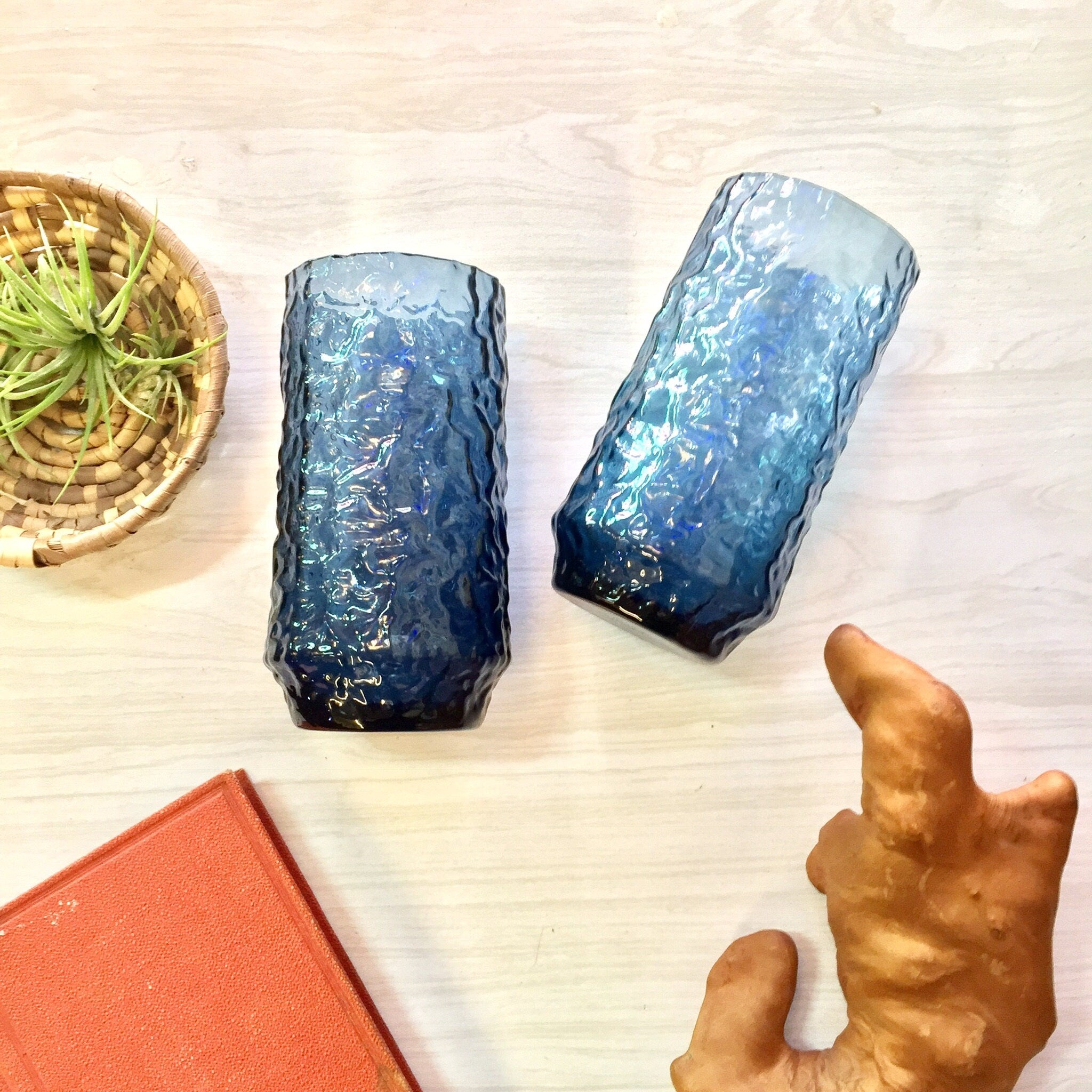 Pair of Two Vintage 1970's Lenox Crystal Impromptu Blue Tumbler Glasses | Blue Lenox Glasses | Hand Blown Glass | Textured Glass | Kitchen