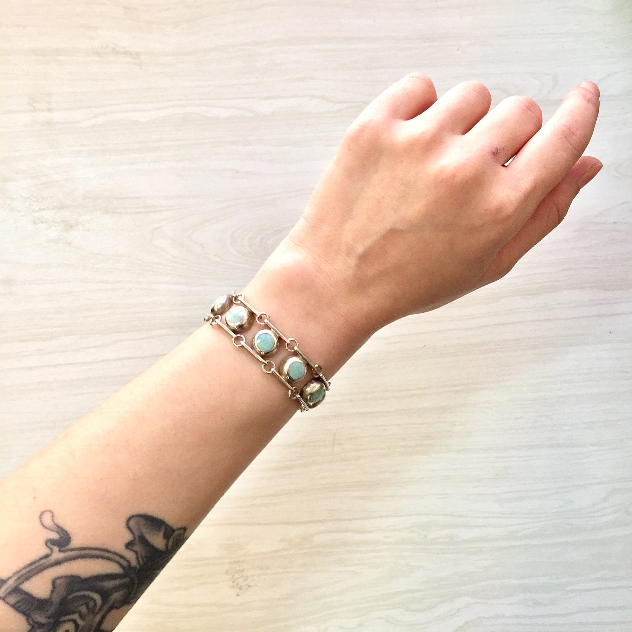 Vintage Sterling Silver and Turquoise Bracelet | Silver Link Bracelet | Turquoise Jewelry | Vintage Jewelry | Holiday Gift Idea |