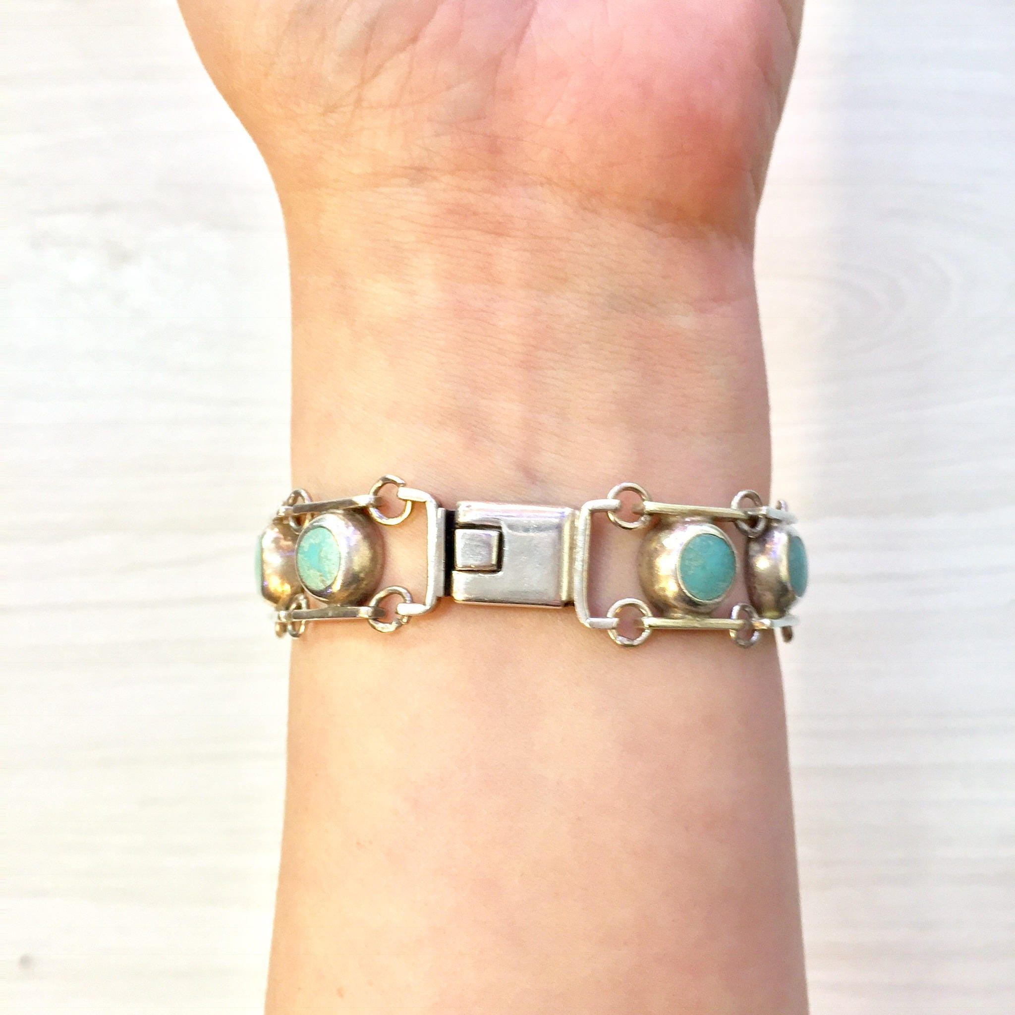 Vintage Sterling Silver and Turquoise Bracelet | Silver Link Bracelet | Turquoise Jewelry | Vintage Jewelry | Holiday Gift Idea |