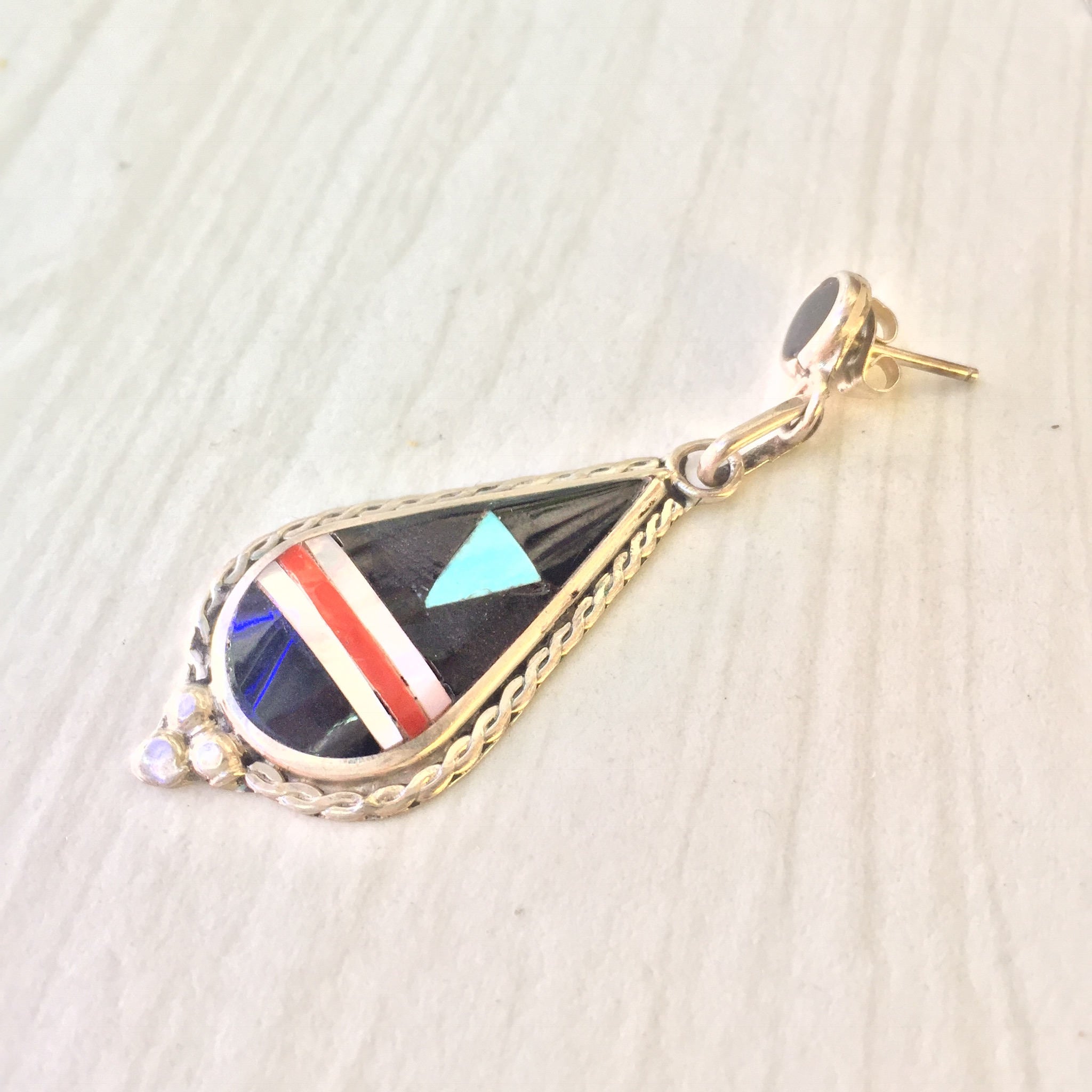 Southwest Sterling Silver Earrings | Inlaid Natural Stones | Dangle Earrings | Multi Stone Earrings | Genuine Stones | Southwestern Style