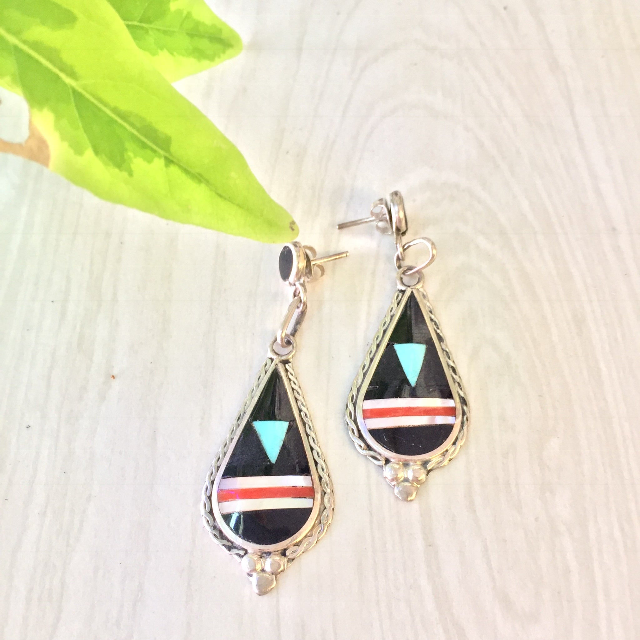 Southwest Sterling Silver Earrings | Inlaid Natural Stones | Dangle Earrings | Multi Stone Earrings | Genuine Stones | Southwestern Style