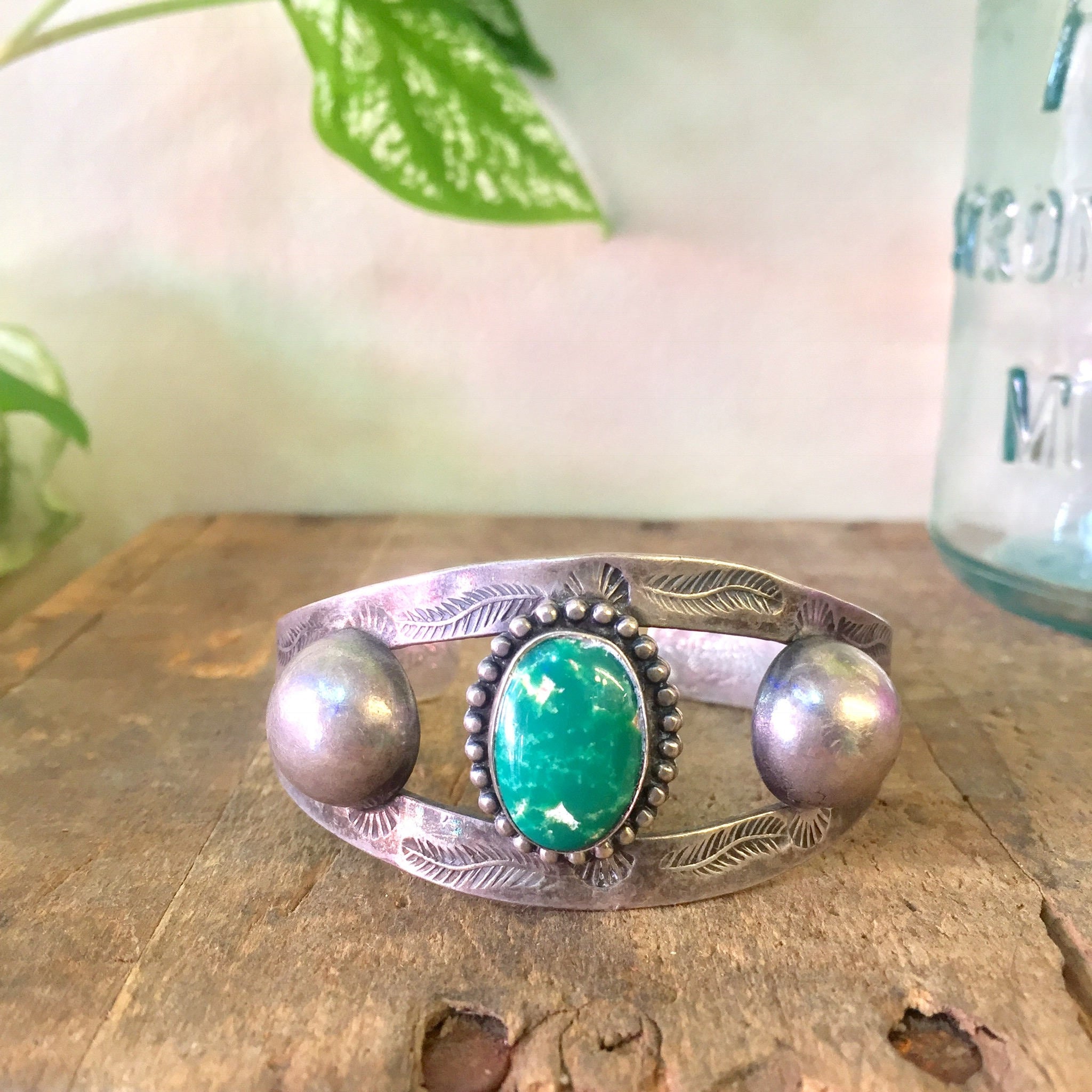 Southwest Sterling Silver Cuff Bracelet | Green Stone | Stamped Silver | Southwestern Style | Bohemian Style | Boho Jewelry | Silver Cuff |