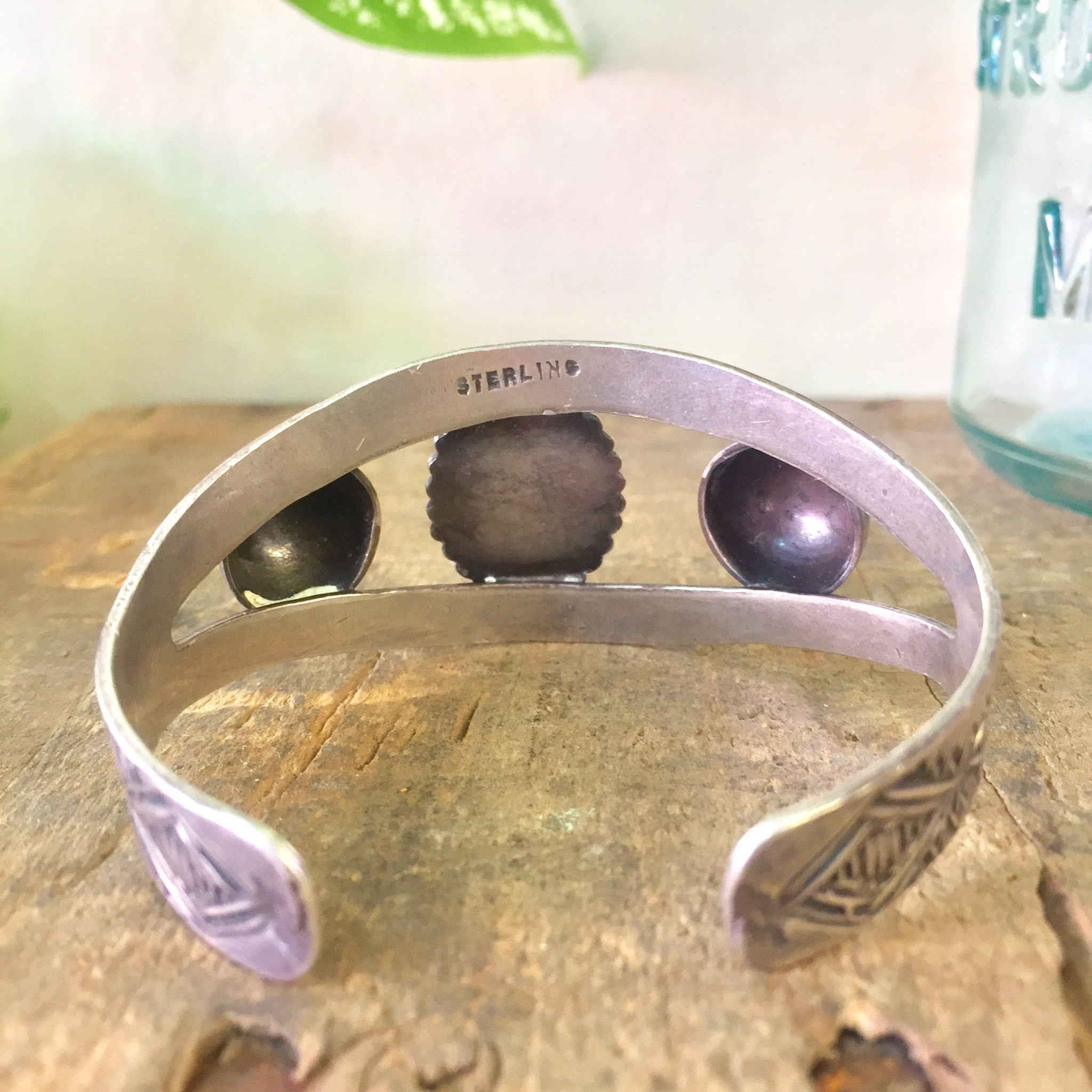 Southwest Sterling Silver Cuff Bracelet | Green Stone | Stamped Silver | Southwestern Style | Bohemian Style | Boho Jewelry | Silver Cuff |