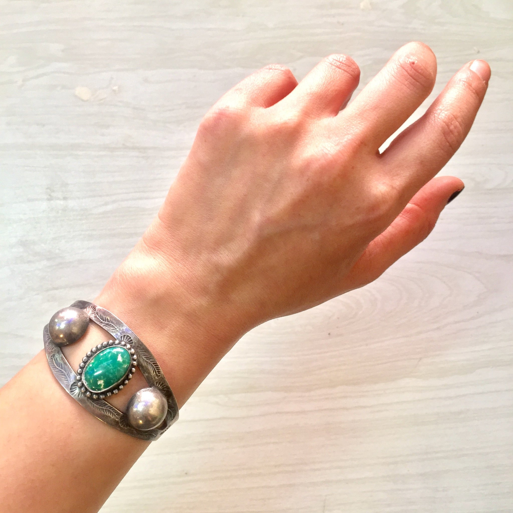 Southwest Sterling Silver Cuff Bracelet | Green Stone | Stamped Silver | Southwestern Style | Bohemian Style | Boho Jewelry | Silver Cuff |