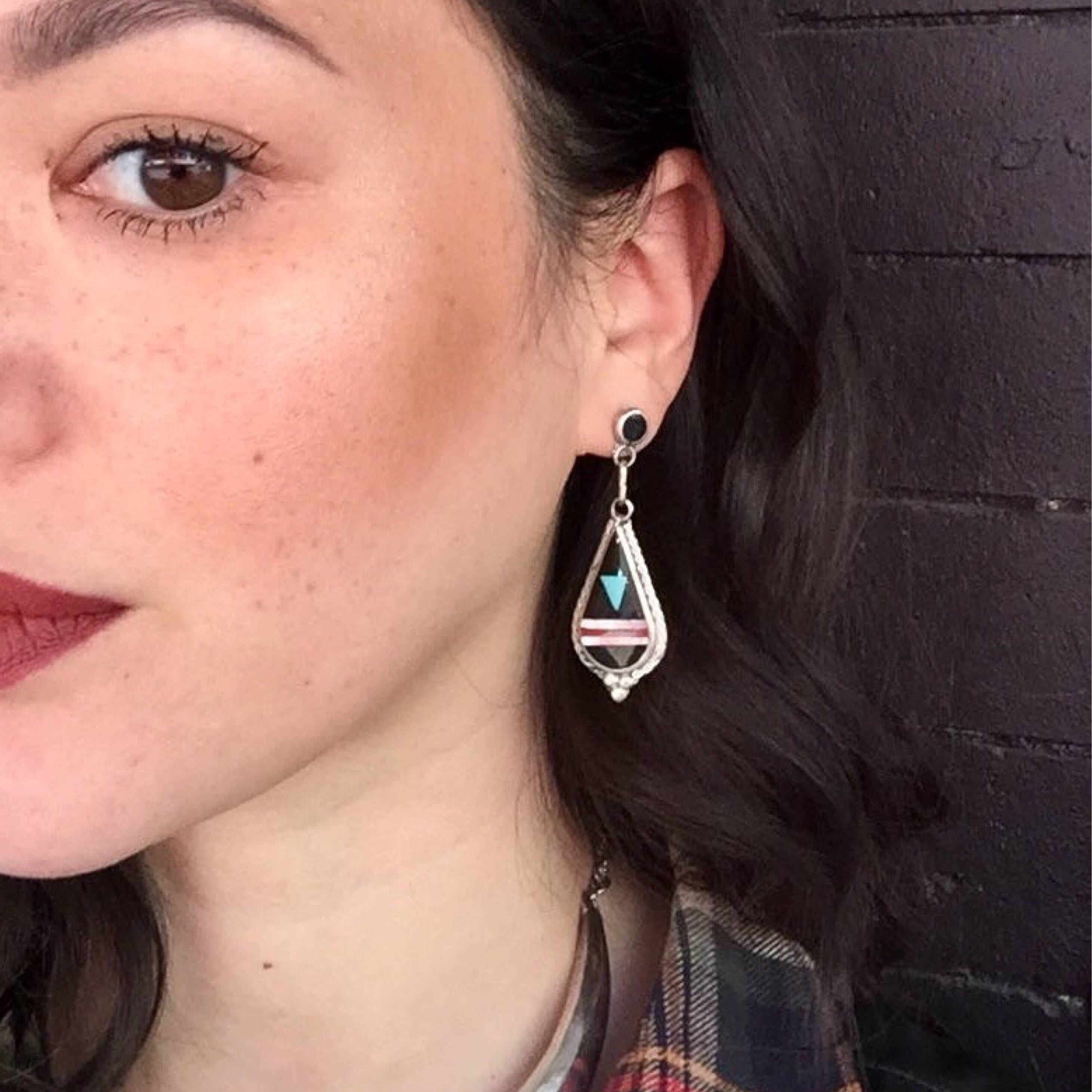 Southwest Sterling Silver Earrings | Inlaid Natural Stones | Dangle Earrings | Multi Stone Earrings | Genuine Stones | Southwestern Style