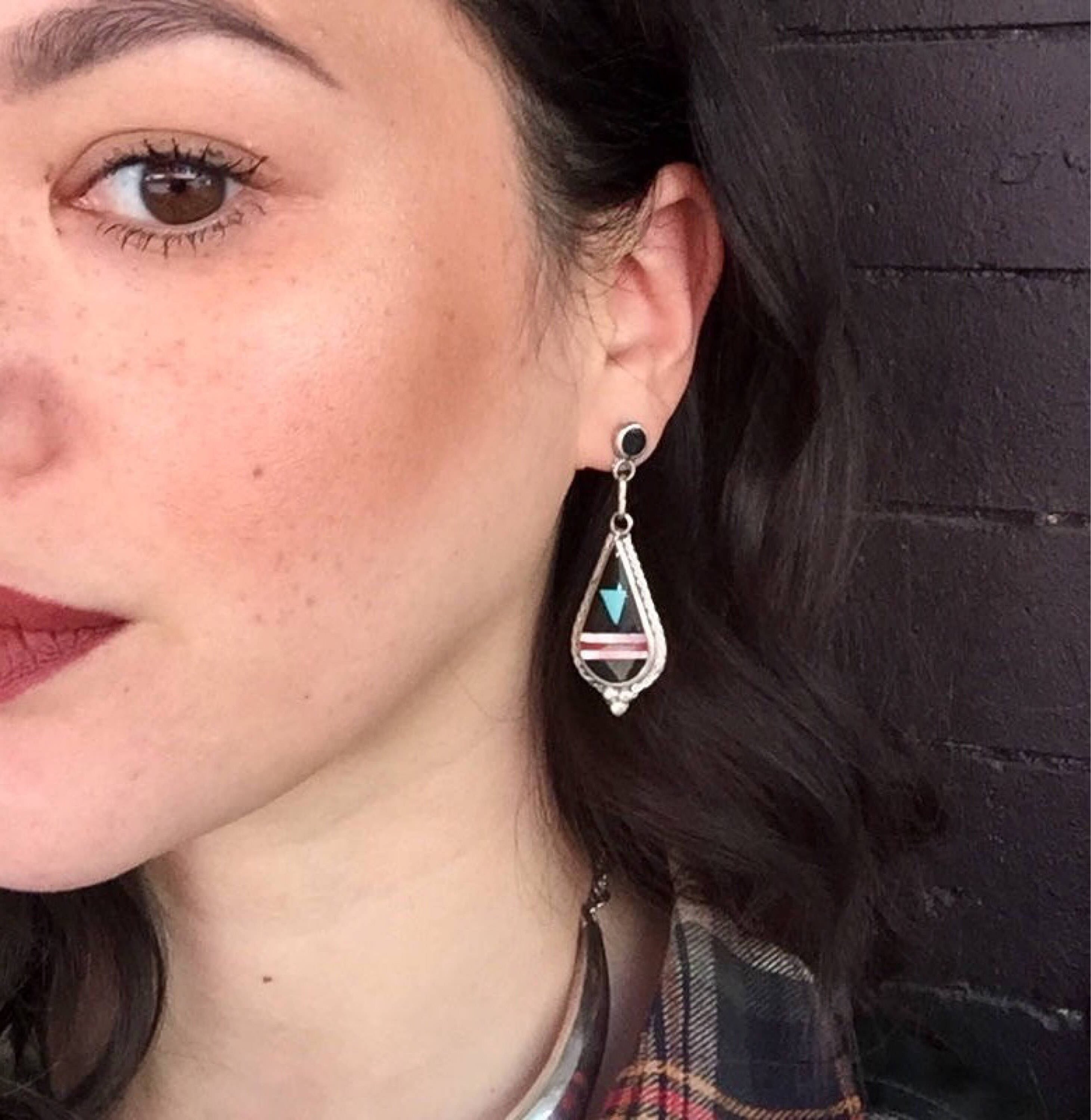 Southwest Sterling Silver Earrings | Inlaid Natural Stones | Dangle Earrings | Multi Stone Earrings | Genuine Stones | Southwestern Style
