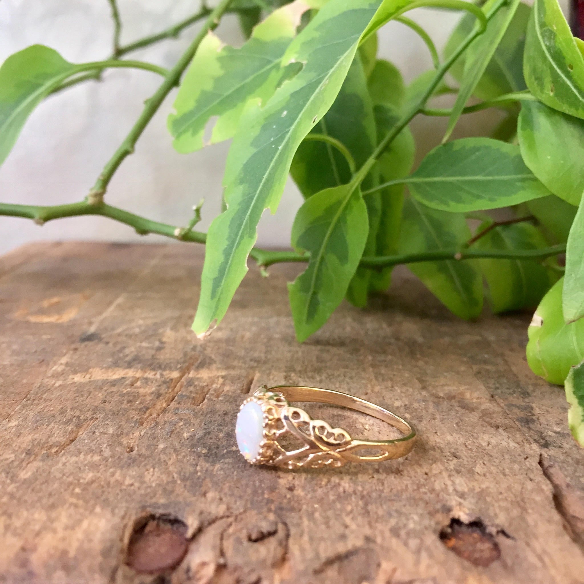 Vintage 10k yellow gold filigree ring with opal stone on wooden surface with green leaves