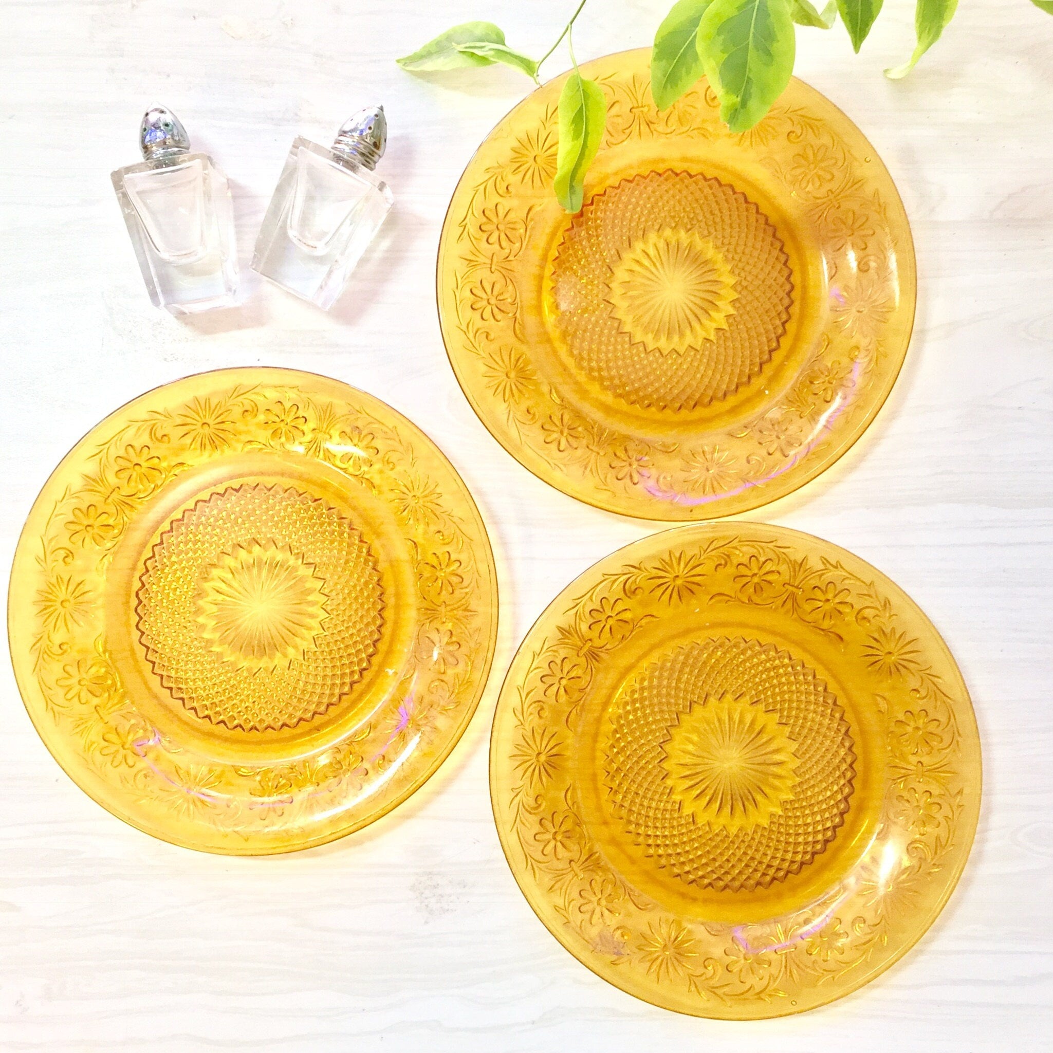 Etched Yellow Dishes, Set of Three Dishes, Kitchen, Glass, Yellow, Vintage, Vintage Home Decor, Etched Glass, Dessert, Serving, Dining