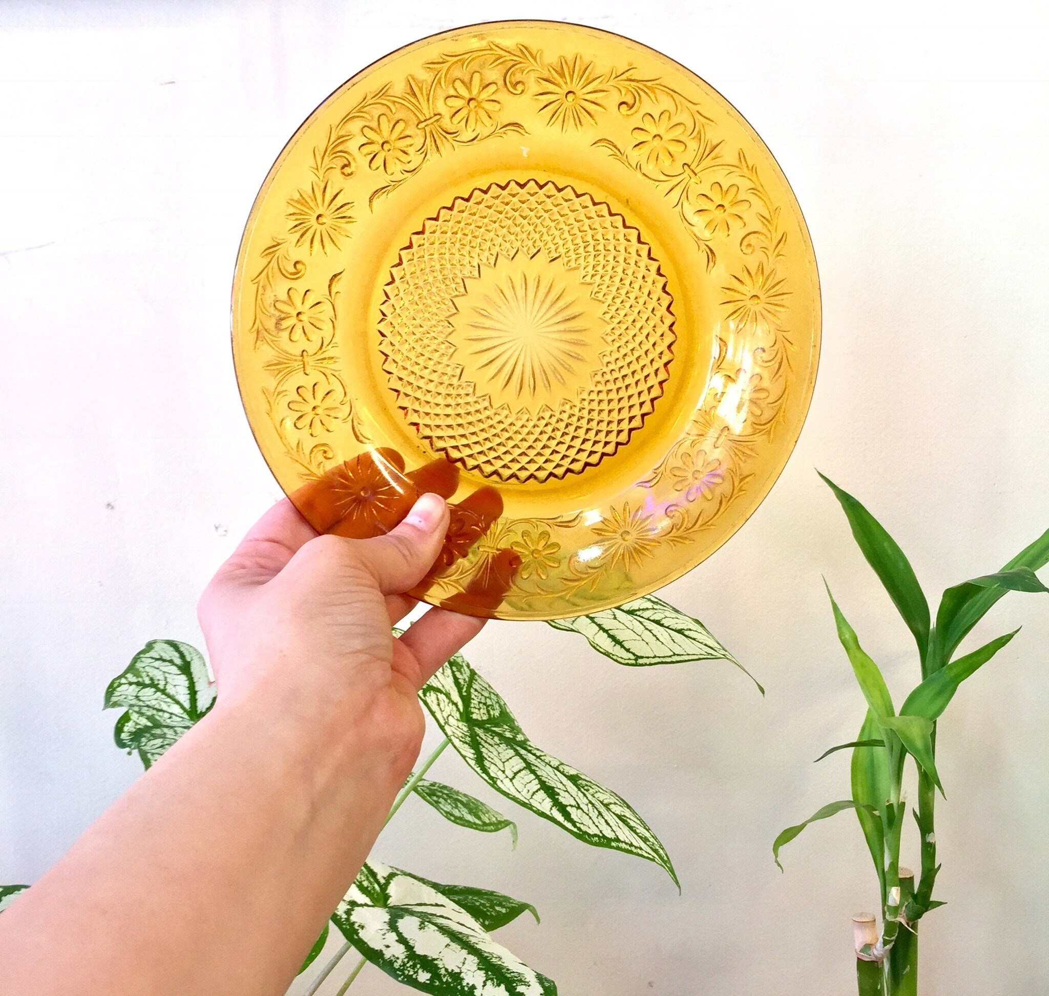 Etched Yellow Dishes, Set of Three Dishes, Kitchen, Glass, Yellow, Vintage, Vintage Home Decor, Etched Glass, Dessert, Serving, Dining