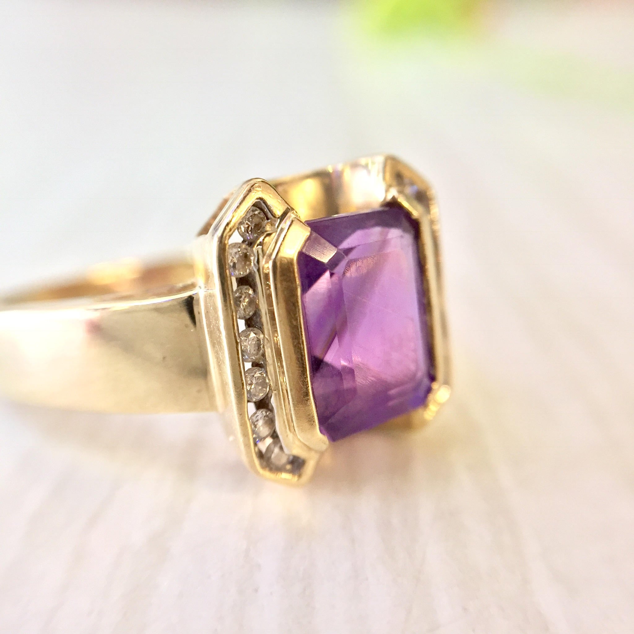 Vintage 14 Karat Yellow Gold Ring with Amethyst and Diamonds | 14K Yellow Gold Jewelry | Amethyst | Diamonds | Engagement Ring |Gift for her