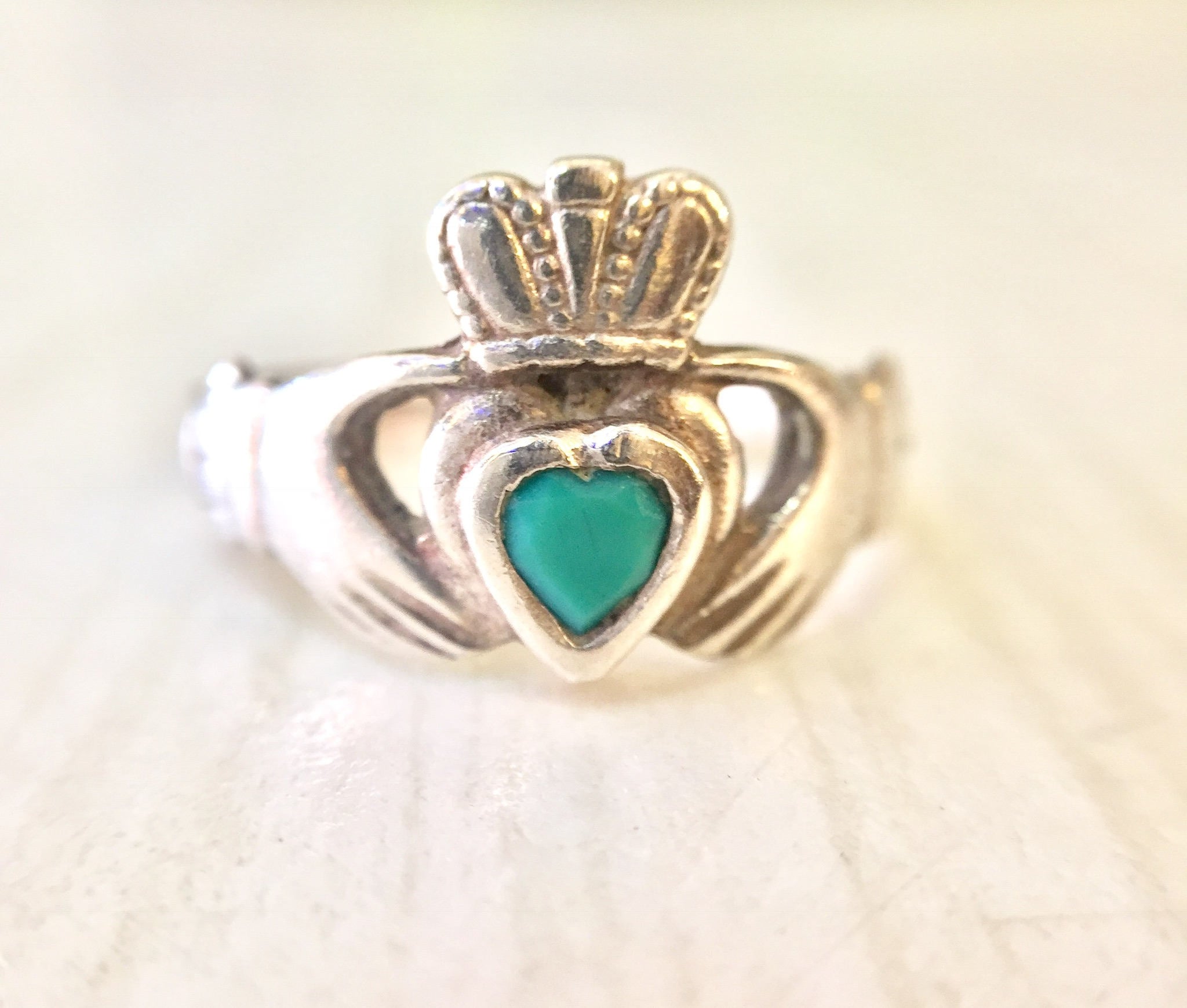 Sterling Silver Claddagh Ring | Vintage Jewelry | Vintage Silver Ring | Celtic Jewelry | Blue Stone | Aqua Stone | Gift for Her | Heart Ring