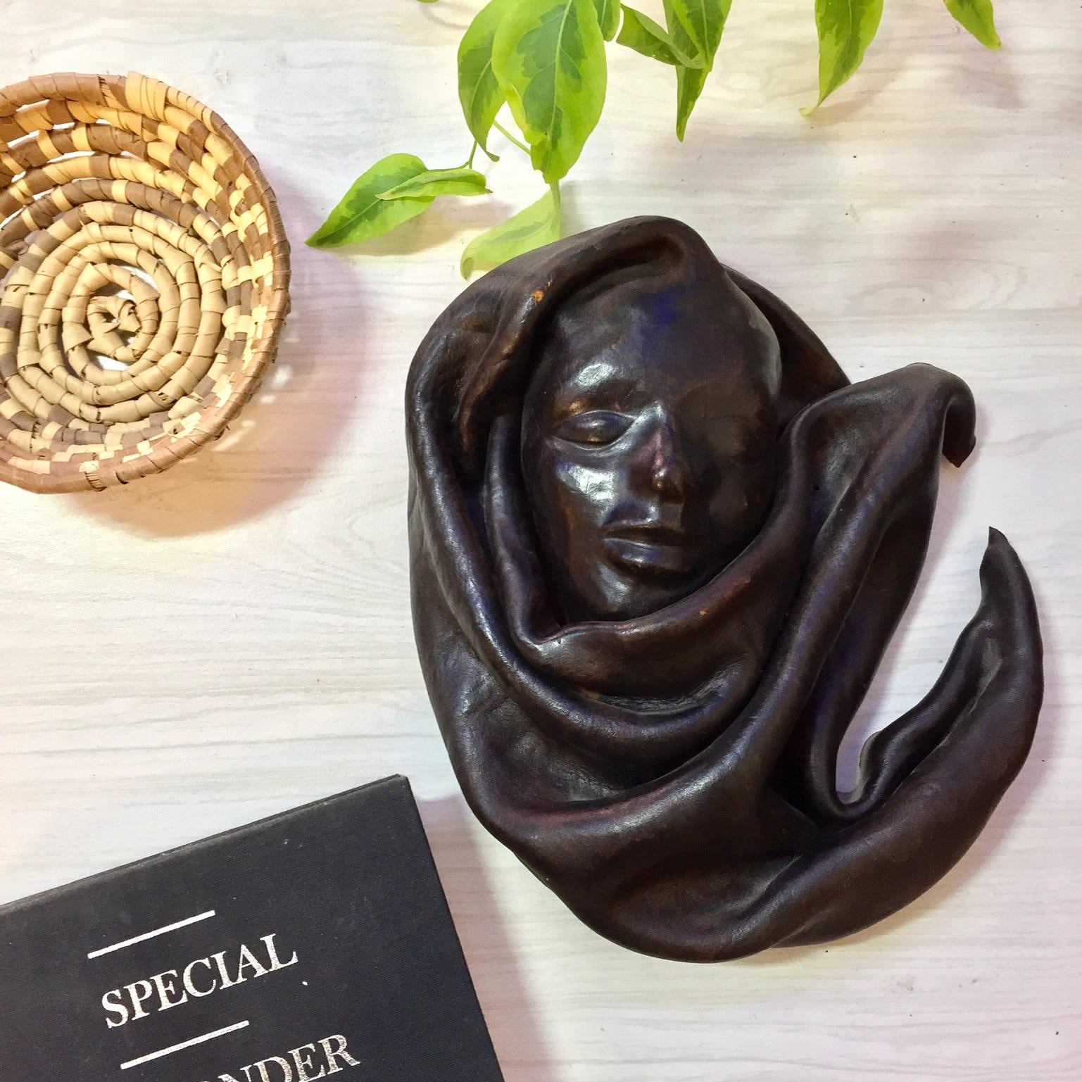 Haitian Sculptured Leather Molding | Vintage Leather Mask | Woman's Face | Tribal Ethnic Leather Tooled Mask | Dark Leather Wall Mask | Home