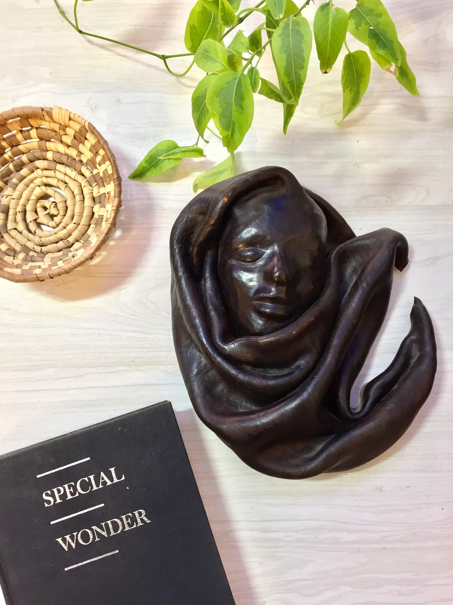 Haitian Sculptured Leather Molding | Vintage Leather Mask | Woman's Face | Tribal Ethnic Leather Tooled Mask | Dark Leather Wall Mask | Home