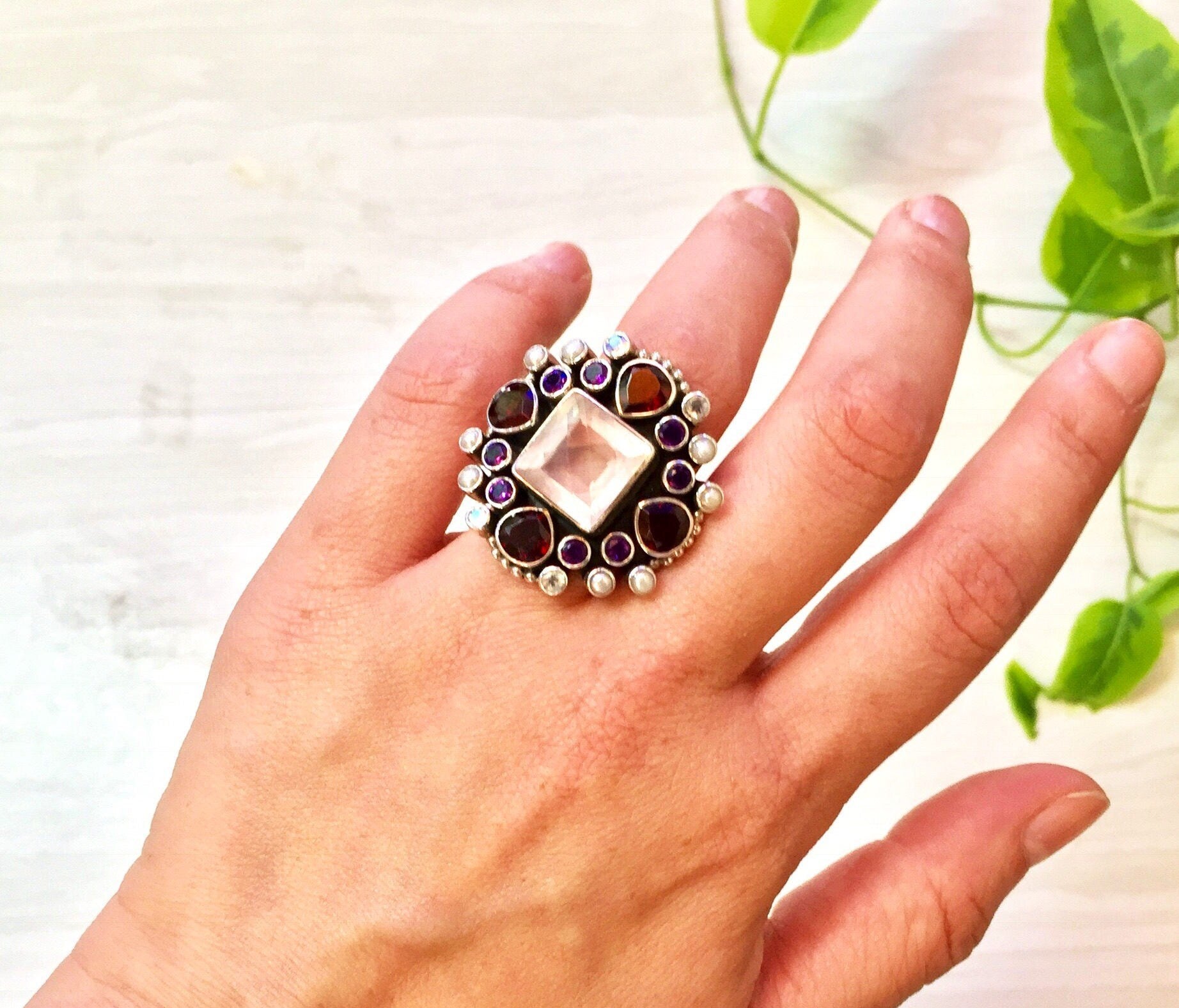 Large Multi Gemstone Vintage Designer Nicky Butler Sterling Silver Ring | Statement Ring | Vintage Designer Jewelry | Gift for Her | Garnet