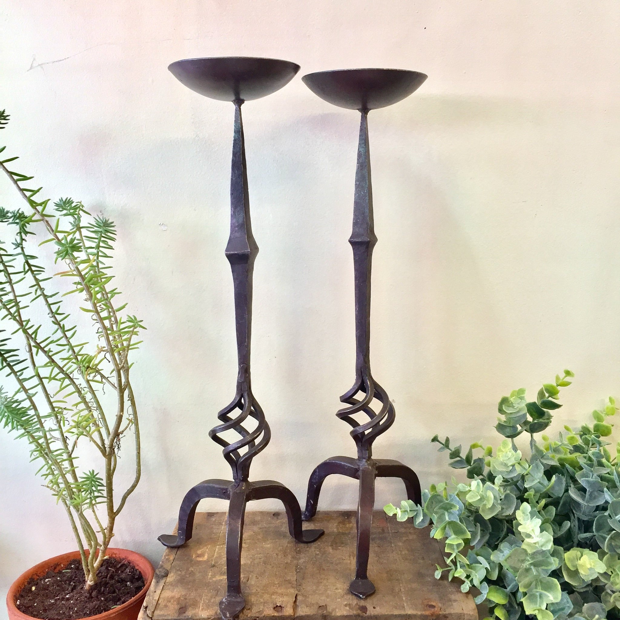 Pair of Tall Handmade Wrought Iron Candle Holders | Candlesticks | Wrought Iron | Ornate Candlesticks | Vintage Home Decor | Rustic | Iron