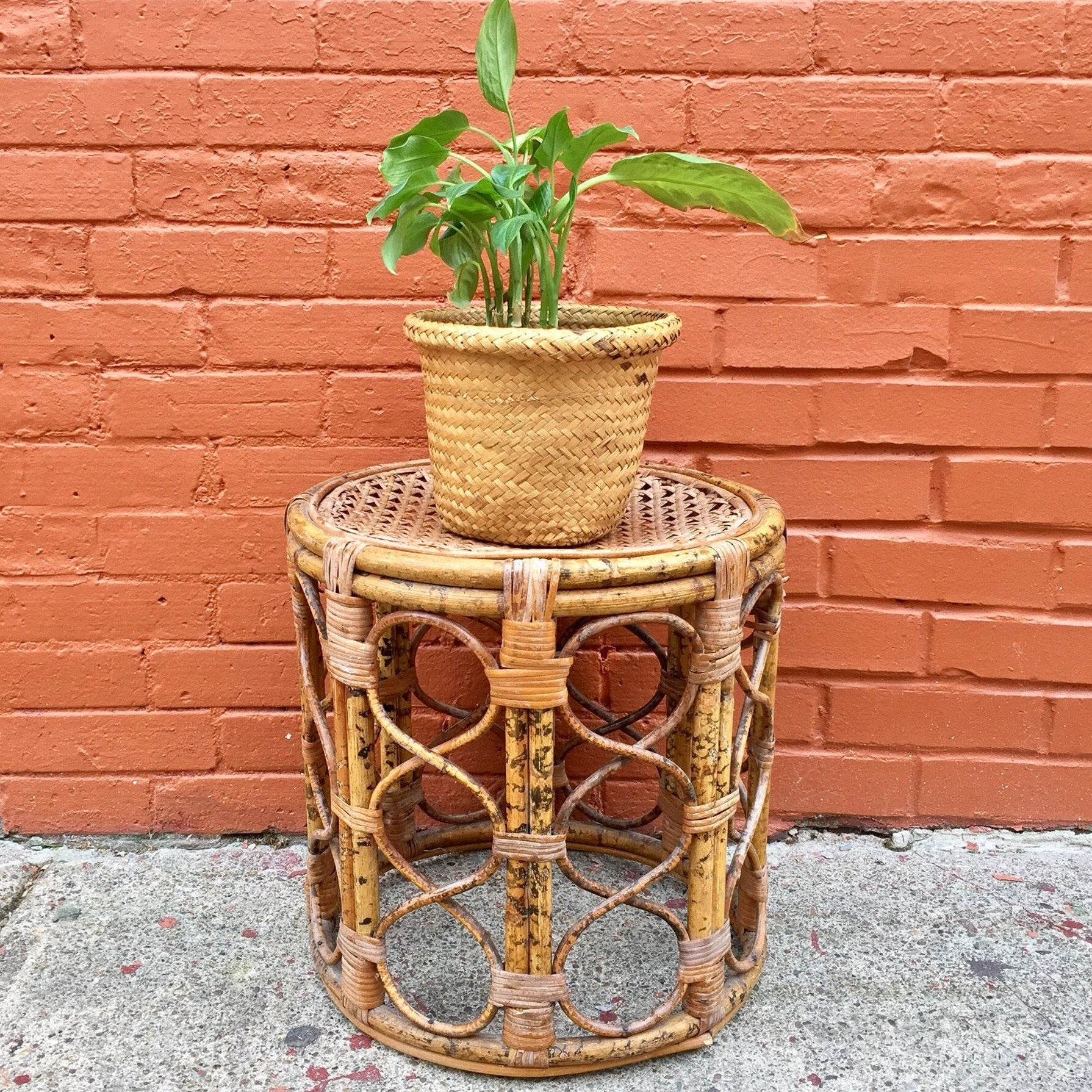 Midcentury Woven Bamboo and Rattan Plant Stand | Bamboo Rattan End Table | Bohemian Home Decor | Bamboo Decor | Vintage Home Decor | MCM |