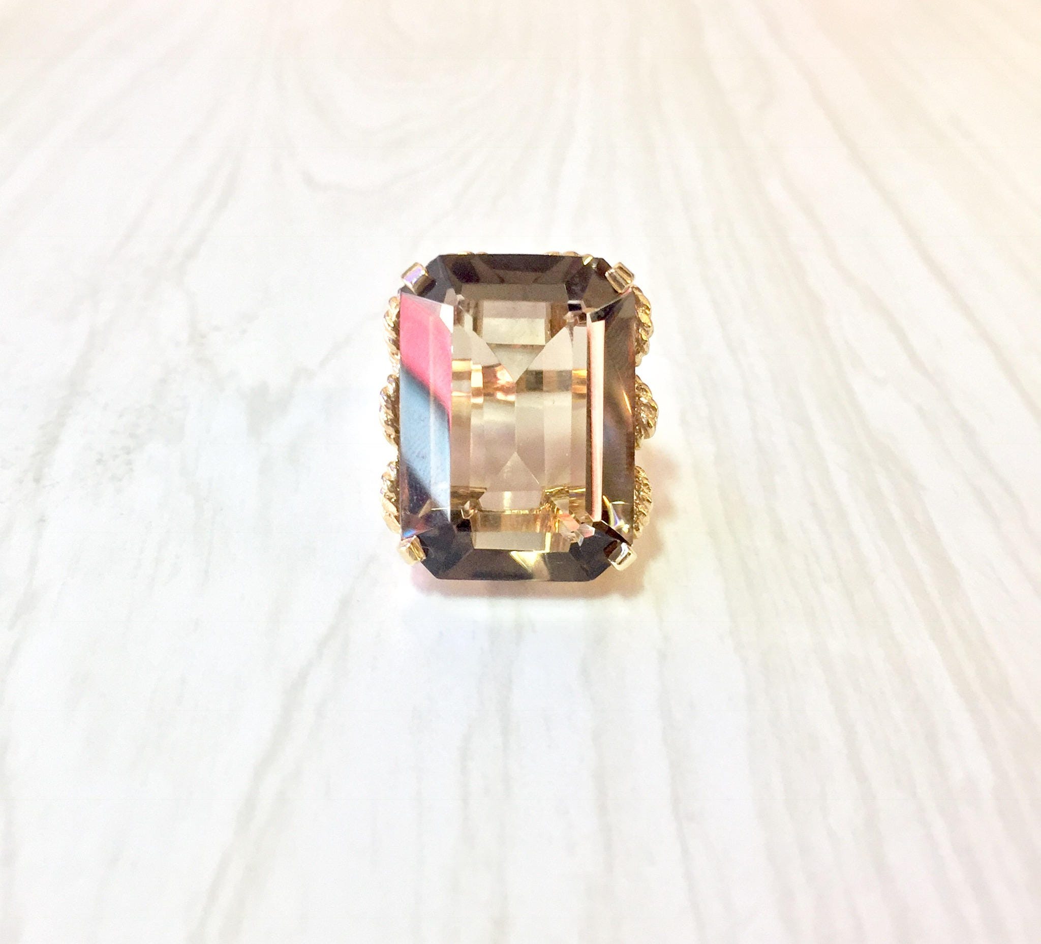 14 Karat Yellow Gold Smoky Quartz Ring | Emerald Cut Smoky Quartz | Statement Jewelry | Cocktail Ring | Yellow Gold | 14K | Size 7 US | Gift
