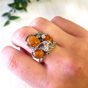 Vintage Sterling Silver Ring with Amber Stones | Leaf and Flower Ring | Amber Stones | Orange | Vintage Jewelry | Statement Ring | Gift