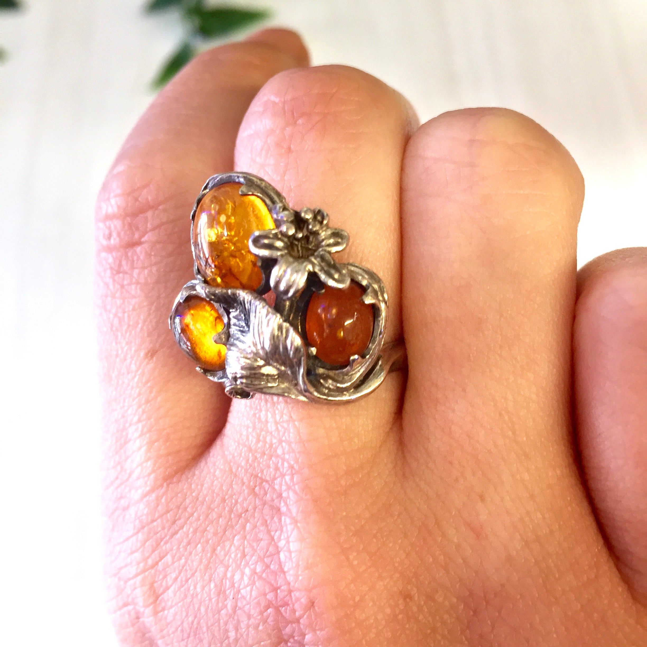 Vintage Sterling Silver Ring with Amber Stones | Leaf and Flower Ring | Amber Stones | Orange | Vintage Jewelry | Statement Ring | Gift