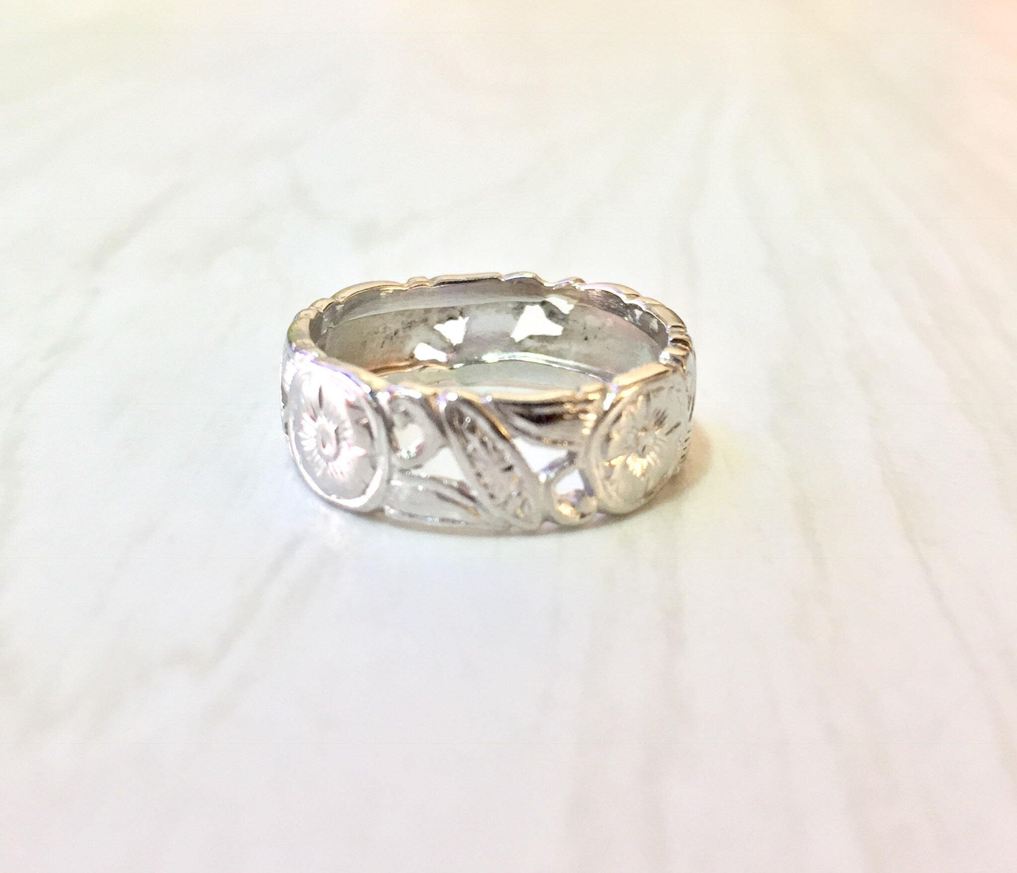 Platinum Floral Wedding Band | Platinum Wedding Ring | Floral Filagree | Anniversary Gift | Vintage Engagement | Engraved Platinum Ring |