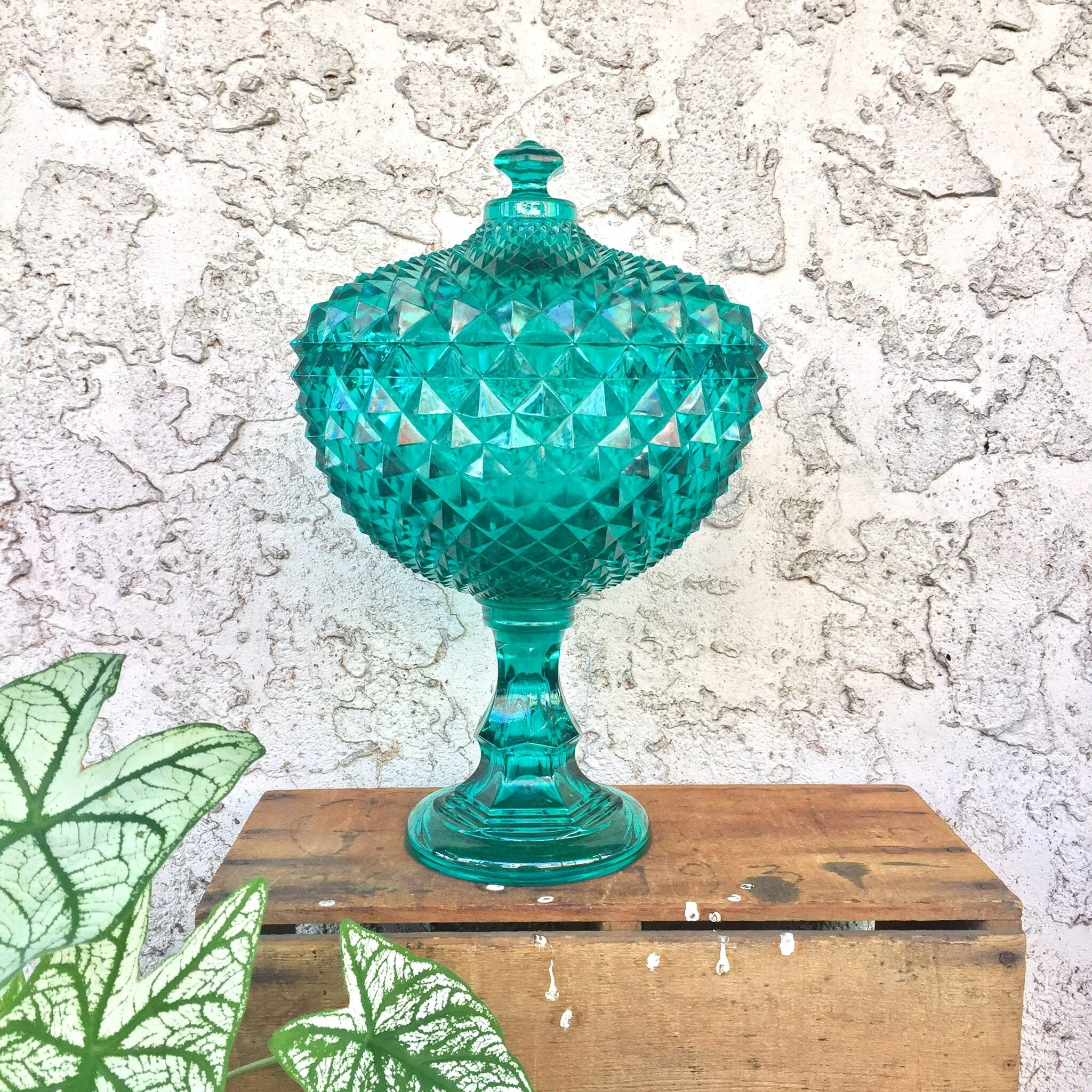 Large aqua green cut glass covered pedestal compote bowl with sawtooth pattern on the lid, displayed on a wooden surface against a textured stone wall background with plants in the foreground.