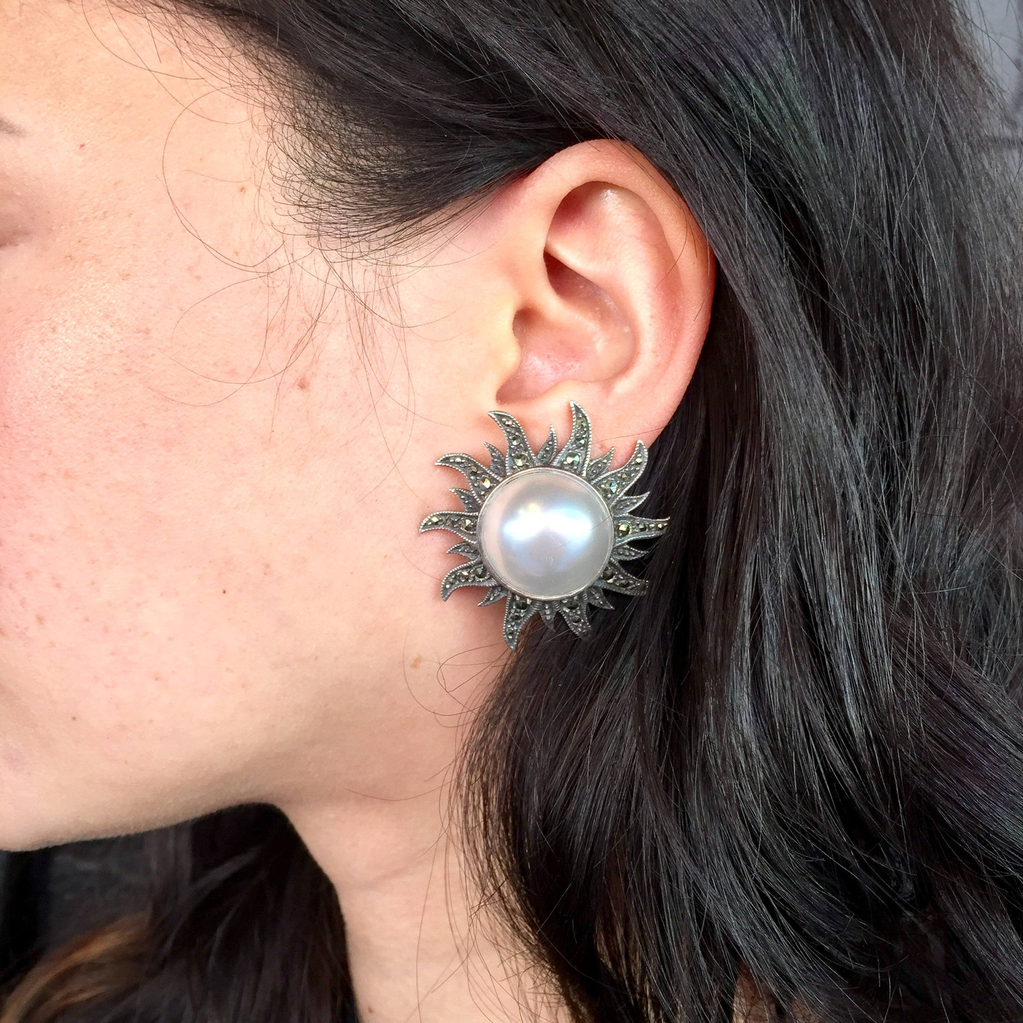 Vintage Sterling Silver Sunburst Earrings with Large Pearls and Marcasite | Art Deco Jewelry | Gift for Her | Pearl Earrings | Marcasite