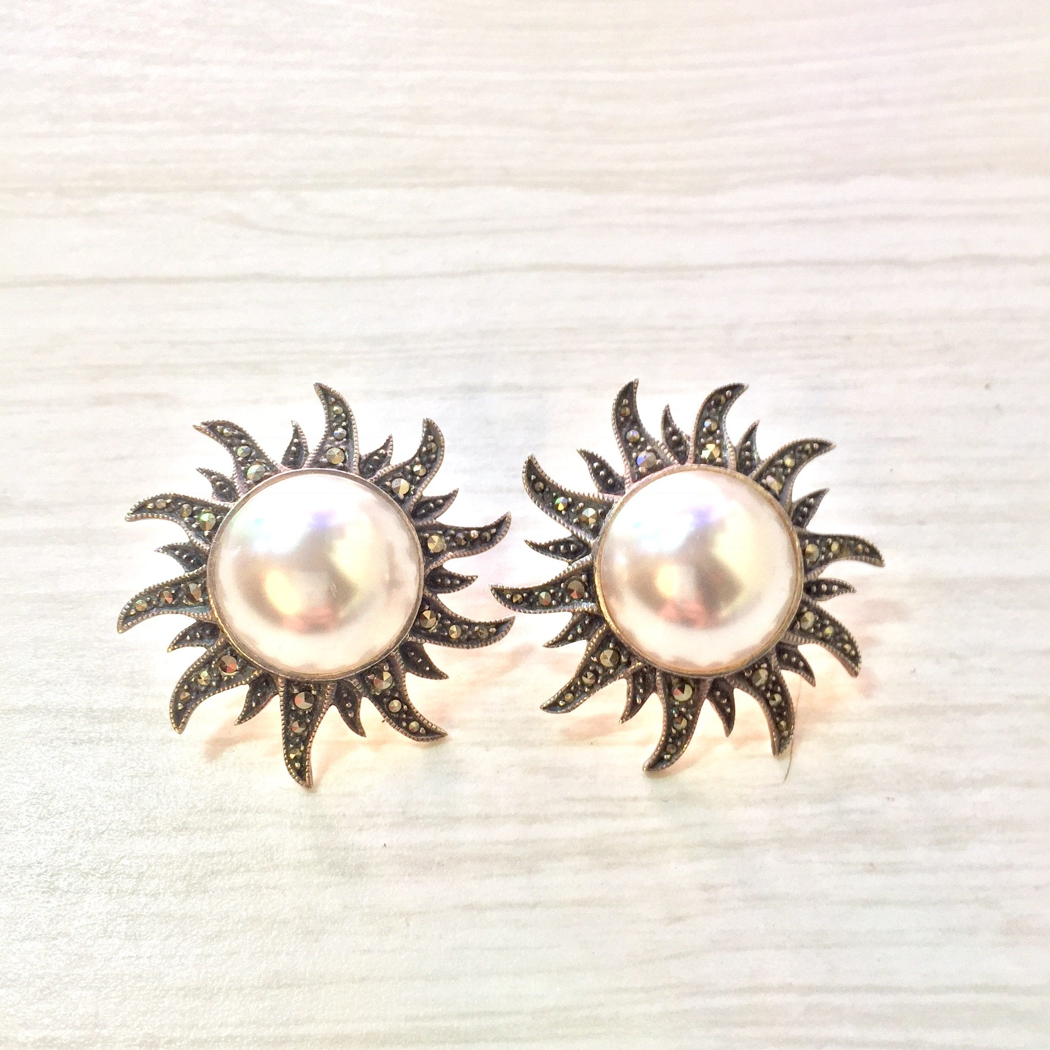 Vintage Sterling Silver Sunburst Earrings with Large Pearls and Marcasite | Art Deco Jewelry | Gift for Her | Pearl Earrings | Marcasite