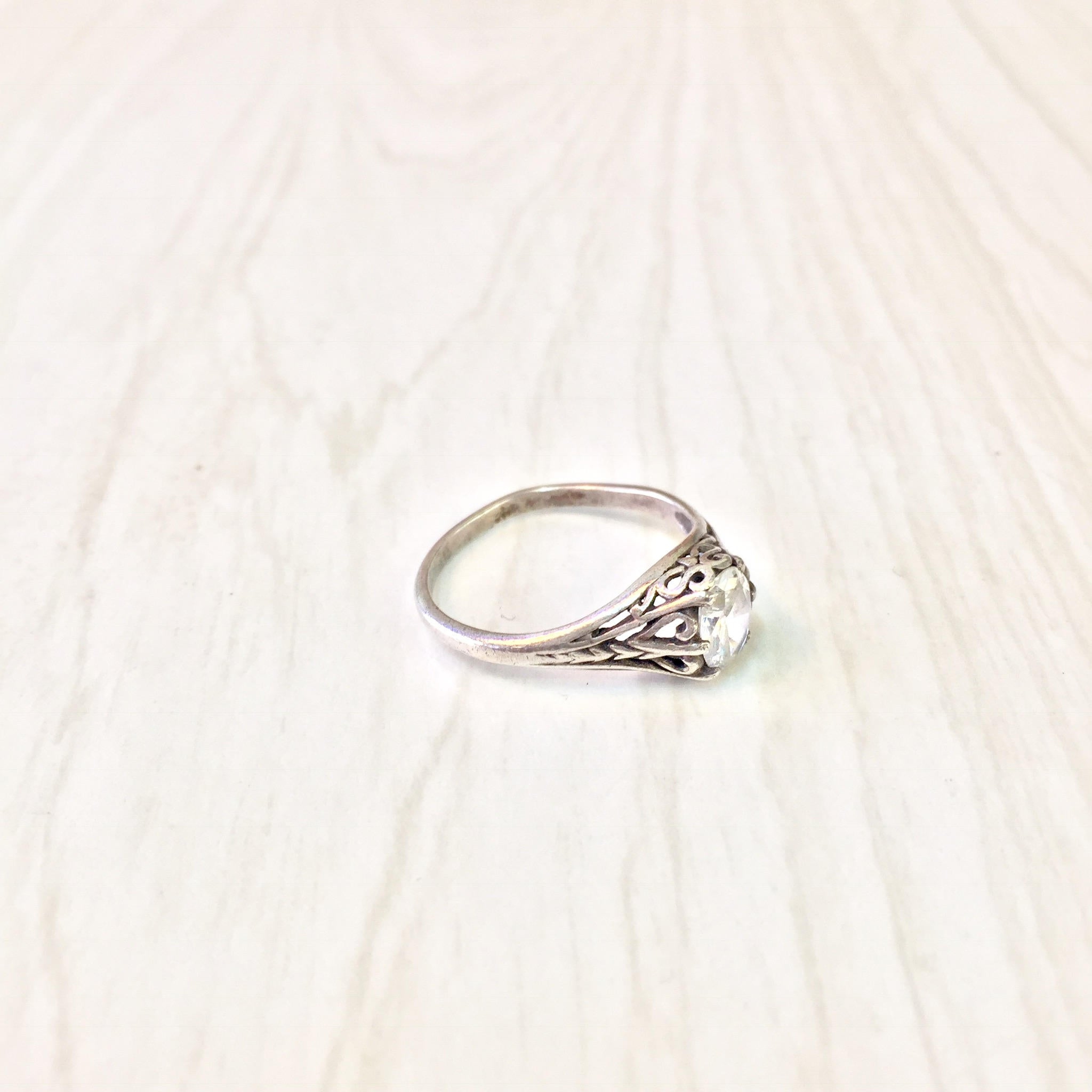 Art Deco Sterling Silver Ring with Cubic Zirconia | Art Deco Jewelry | Sterling Silver Ring | Engagement Ring | Filagree | Cubic Zirconia |