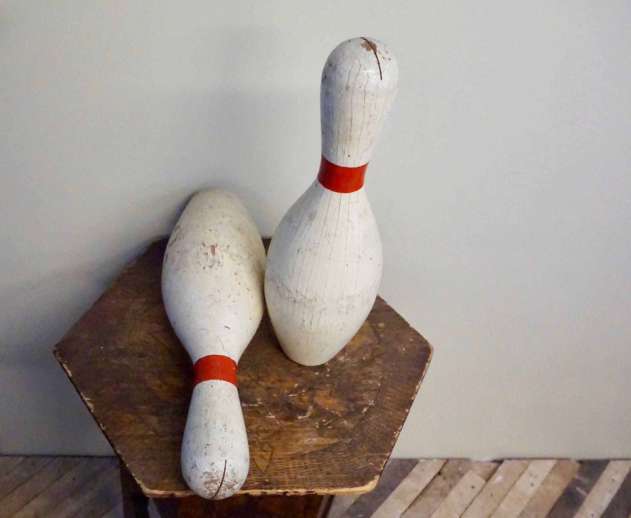 Vintage White Wooden Bowling Pins | Vintage Home Decor | Bowling Pins | Set of Two | Vintage Game | Rustic Decor | Shabby Chic Decor |