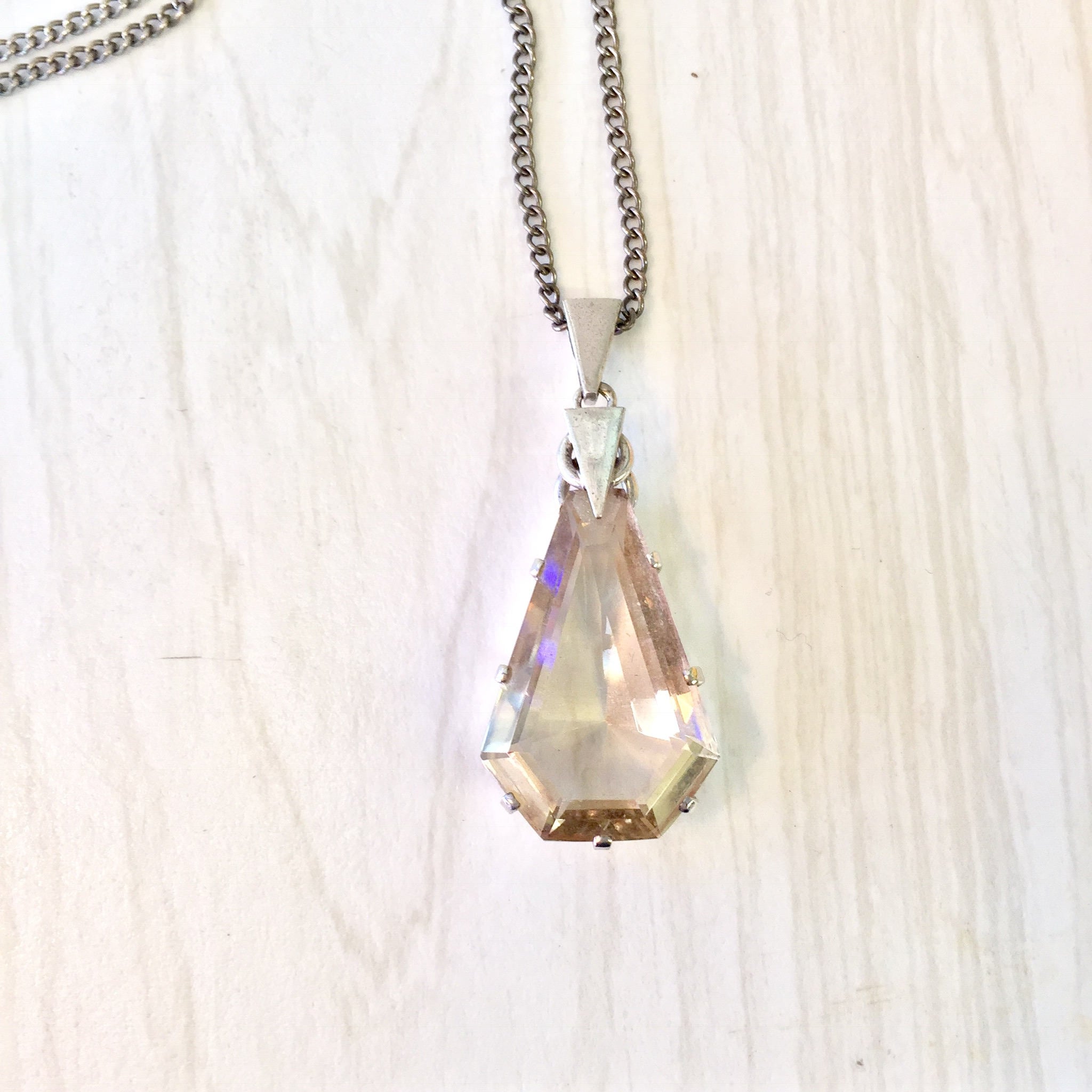 Art Deco Style Necklace with Smoky Quartz Pendant | Large Smoky Quartz Pendant | Vintage Jewelry | Long Chain Necklace | Holiday Gift Idea